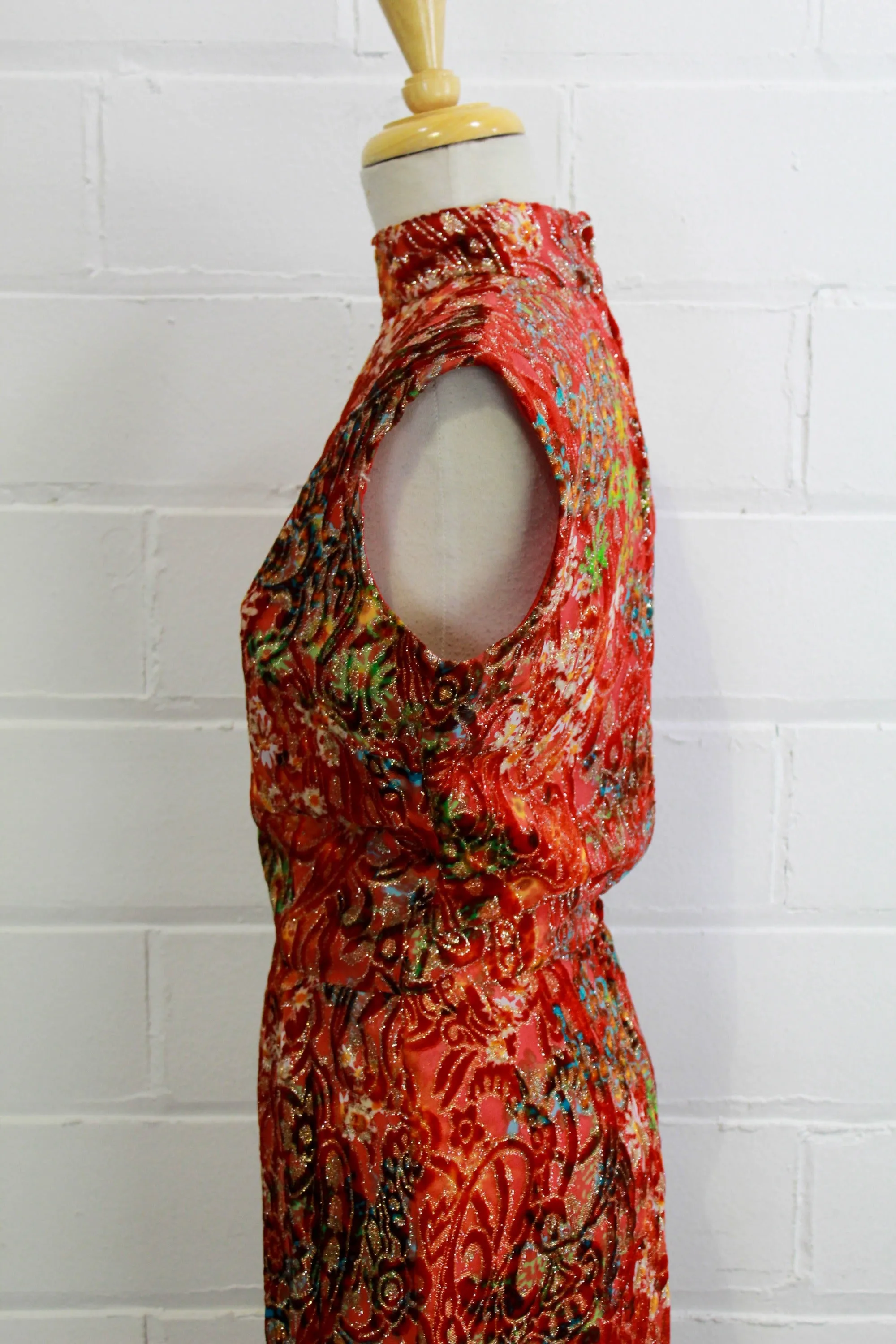 1970s Red Velvet Floral Maxi Dress, Small