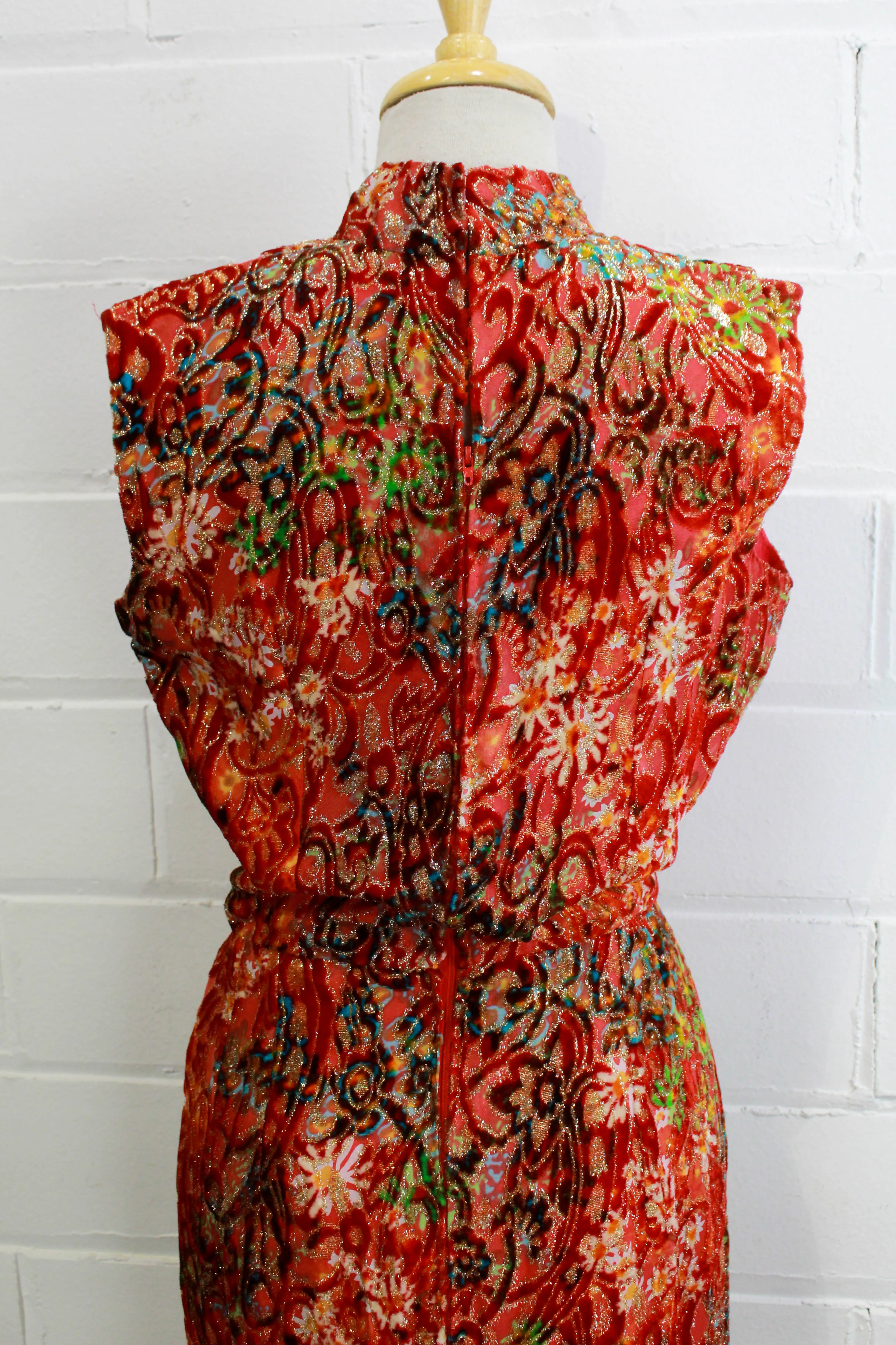 1970s Red Velvet Floral Maxi Dress, Small