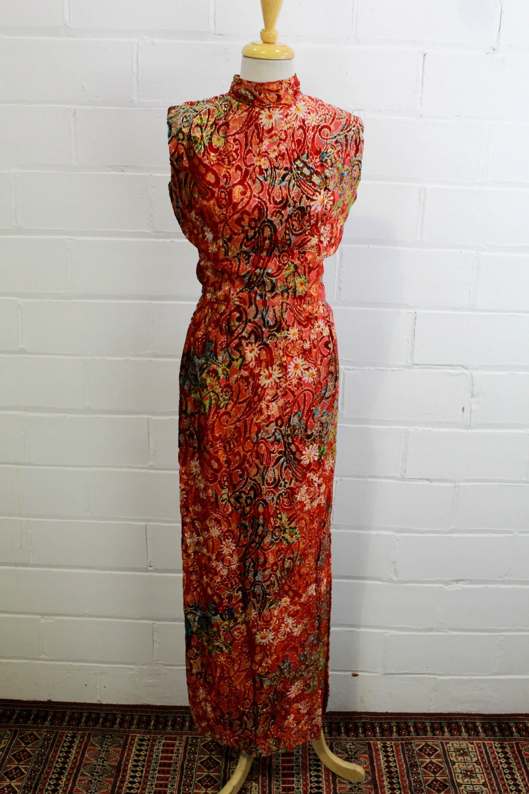 1970s Red Velvet Floral Maxi Dress, Small