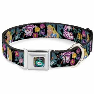 Alice in Wonderland DRINK ME Bottle Full Color Seatbelt Buckle Collar - Alice/Cheshire Cat/Flowers Poses Black/Multi Color