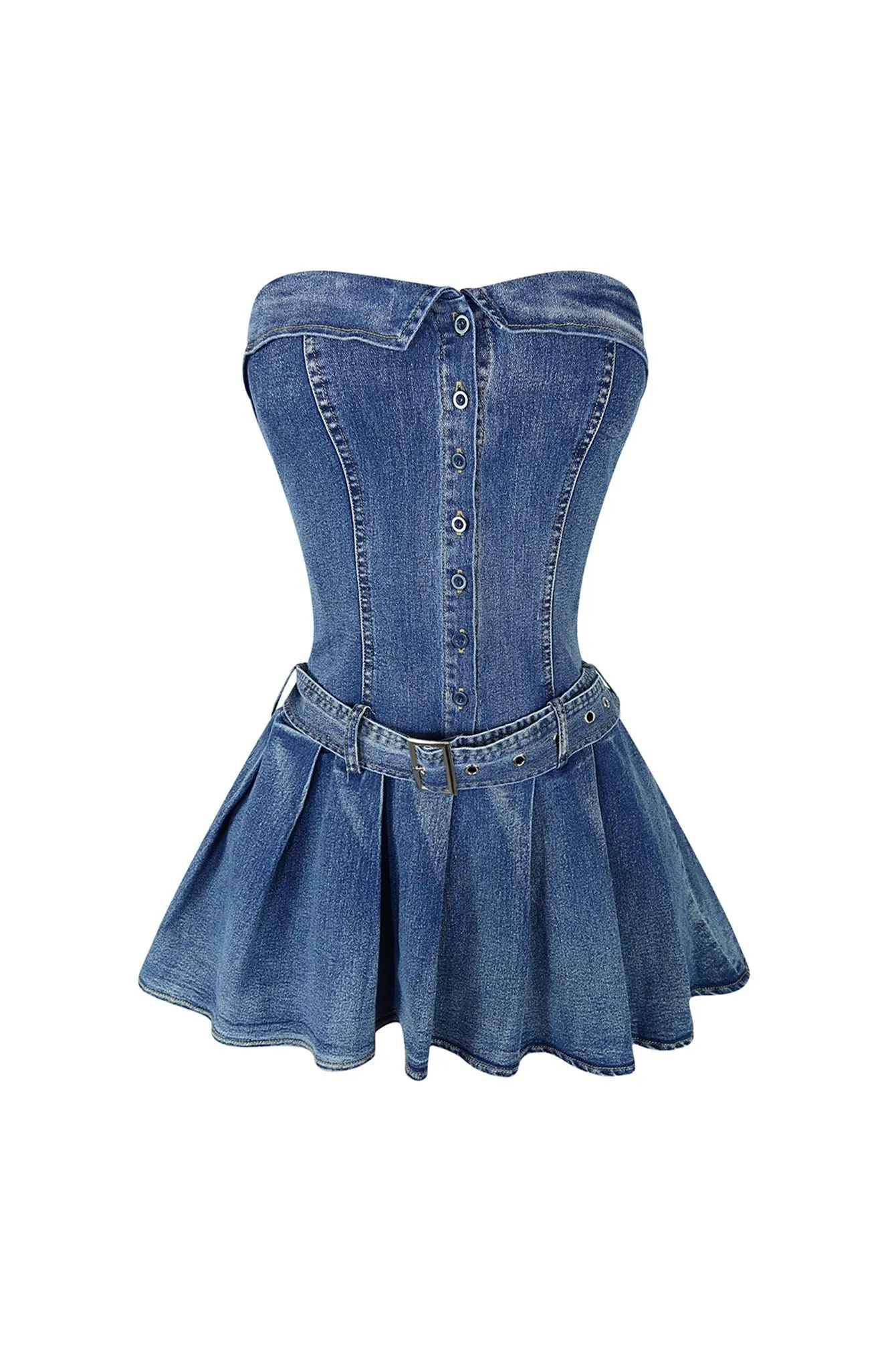 Allie Pleated Belt Strapless Denim Dress