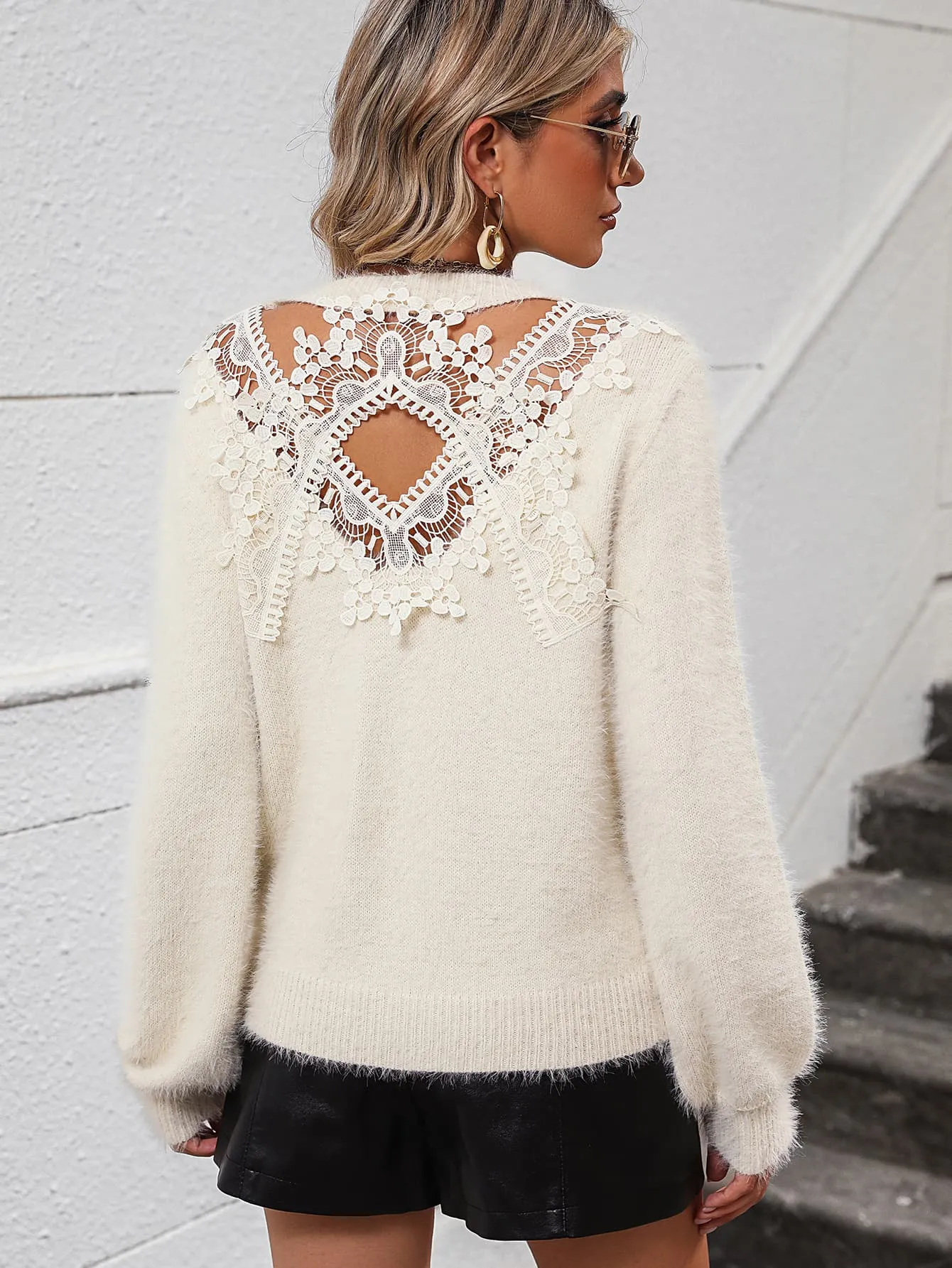 *APP EXCLUSIVE* Lace Detail Cutout Long Sleeve Pullover Sweater