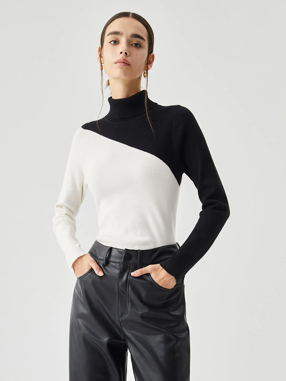 Asymmetric Patchwork Long Sleeve Modern Mock Neck Knit Top