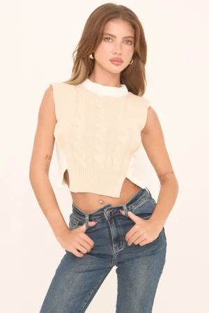 Beige Cable Knit Sleeveless Cropped Jumper - Cleo