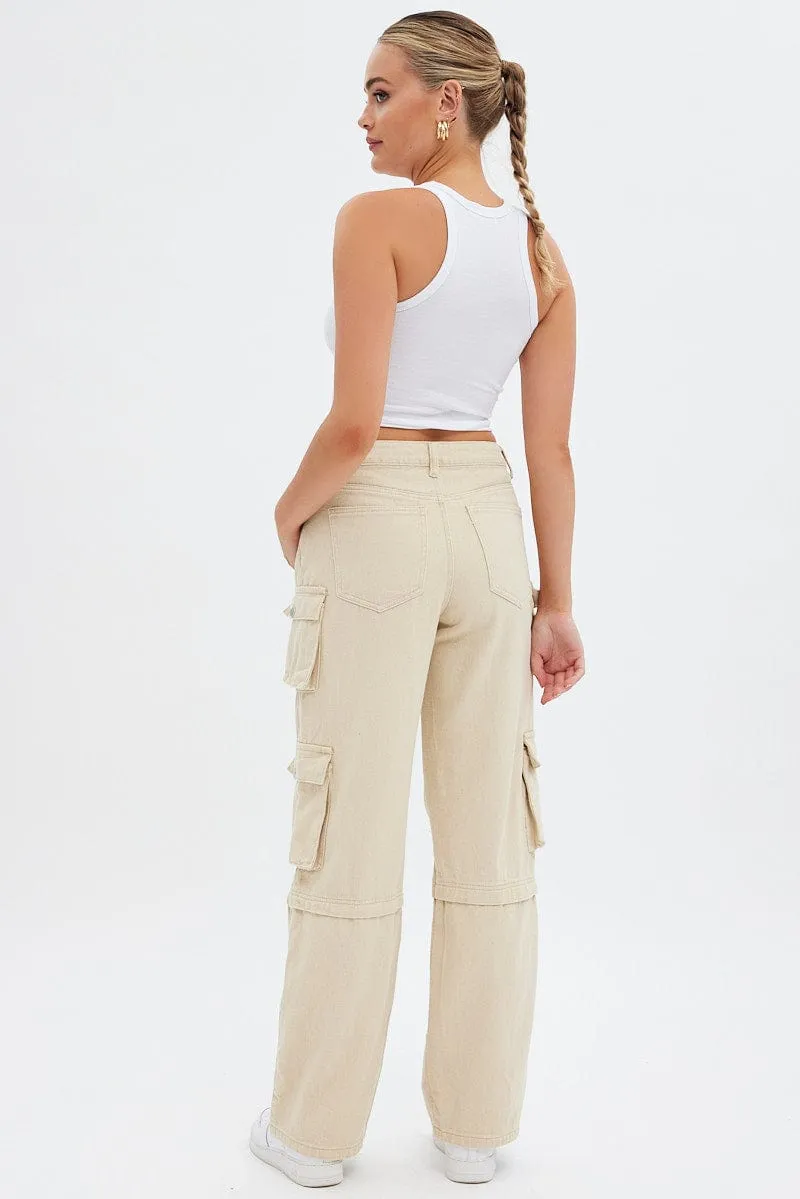 Beige Cargo Denim Jeans High rise