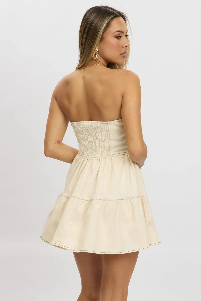 Beige Fit And Flare Dress Mini Strapless