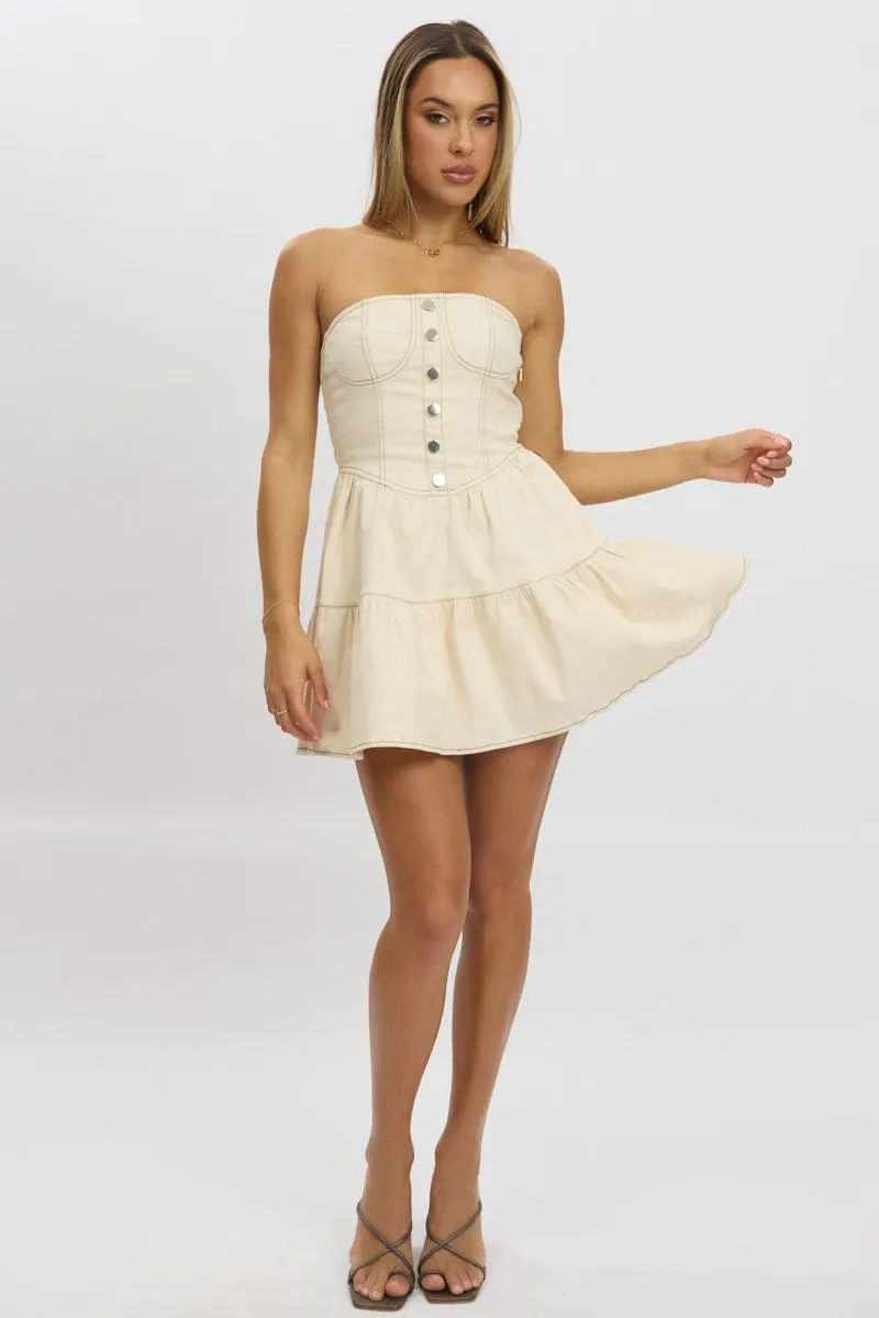 Beige Fit And Flare Dress Mini Strapless