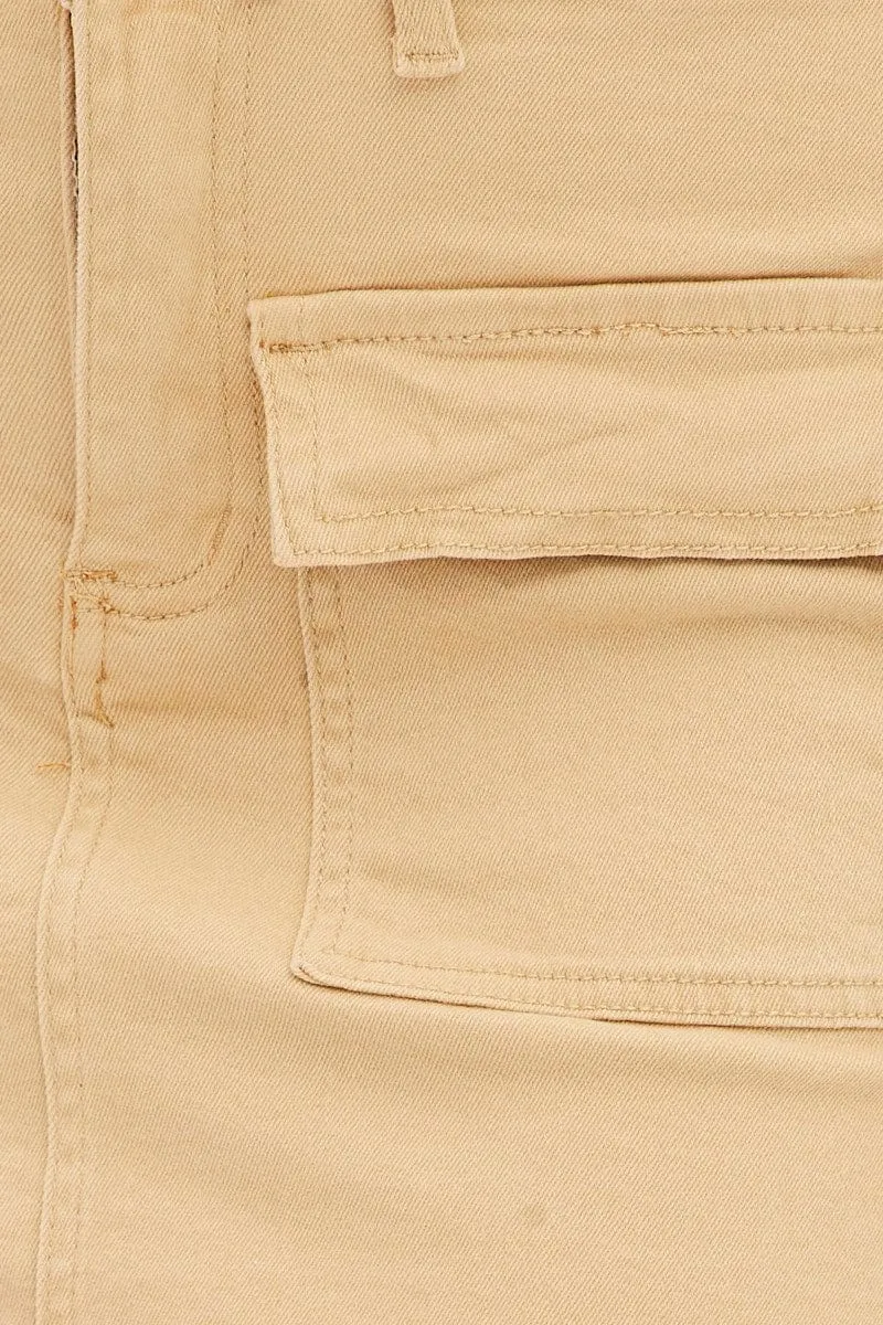 Beige High Rise Cargo Mini Denim Skirt