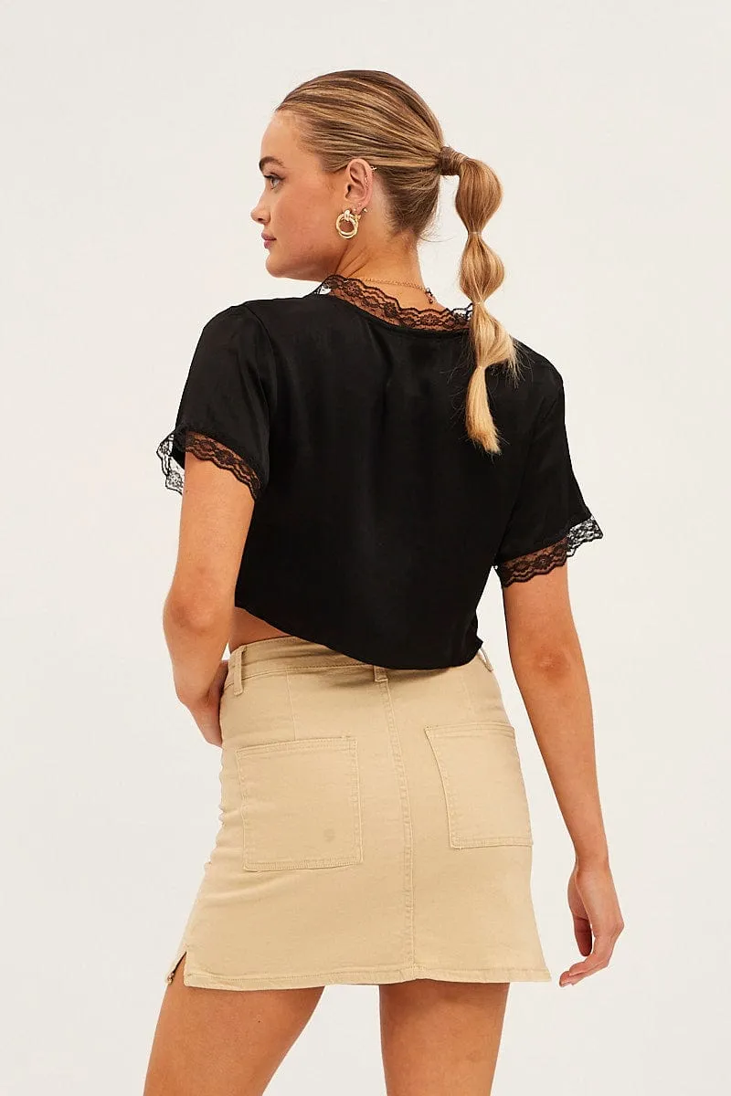 Beige High Rise Cargo Mini Denim Skirt