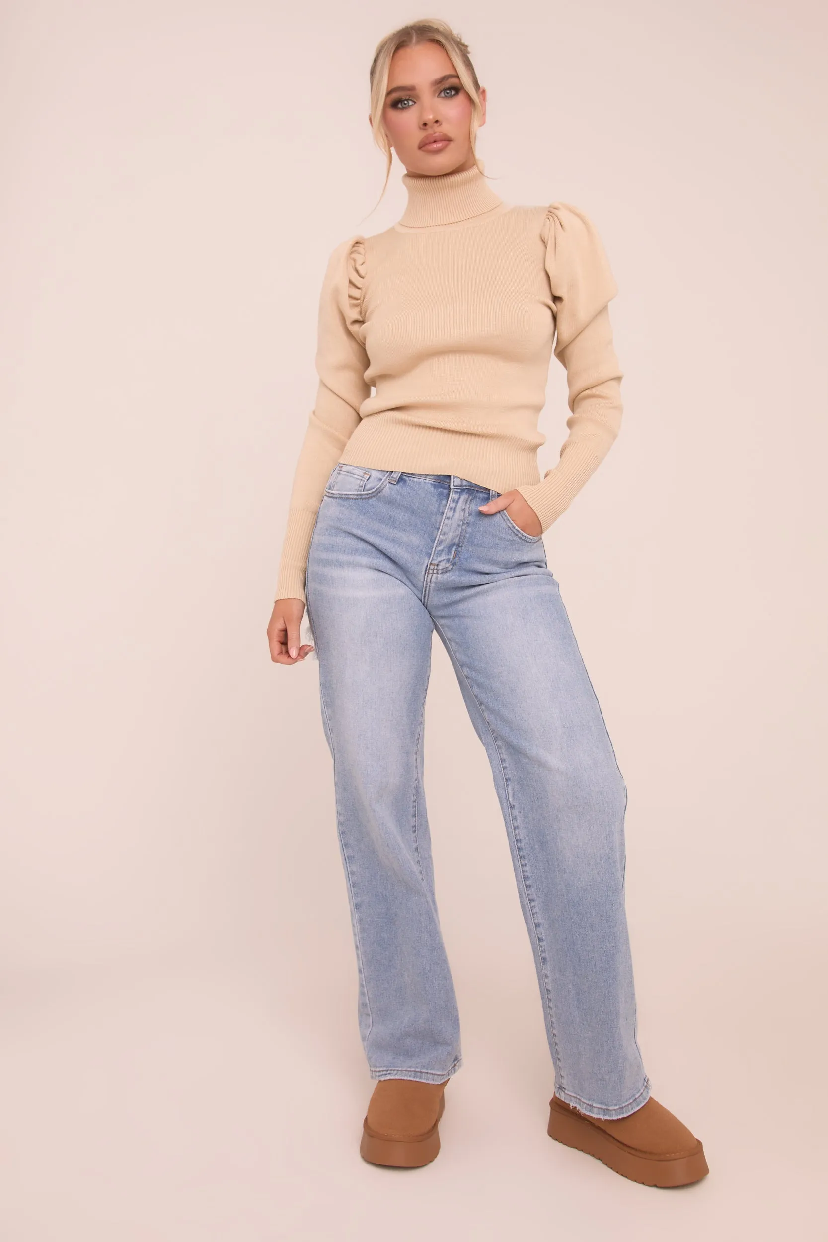 Beige Knit High Neck Puff Sleeve Jumper - Amanza