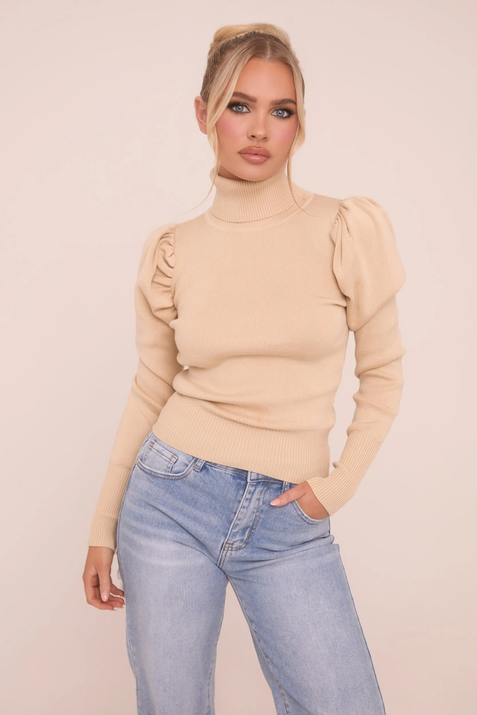 Beige Knit High Neck Puff Sleeve Jumper - Amanza