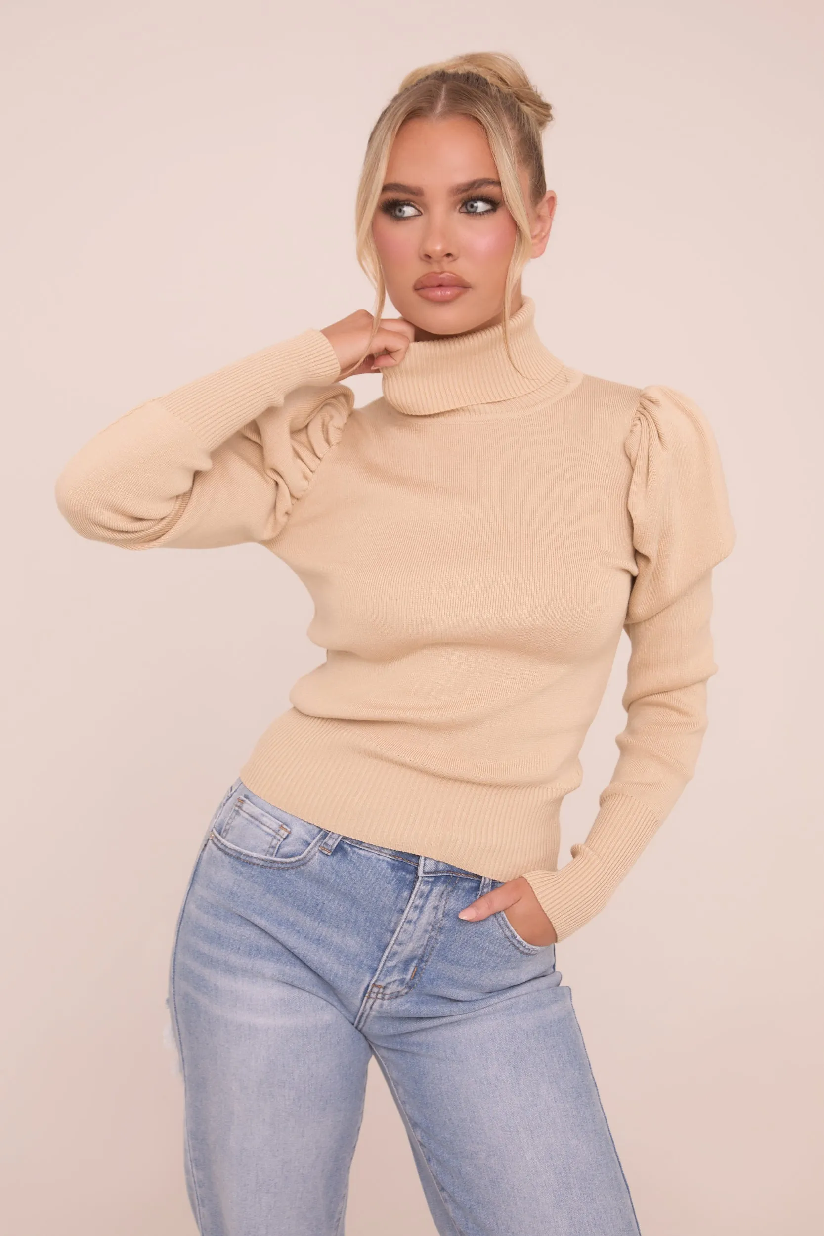 Beige Knit High Neck Puff Sleeve Jumper - Amanza