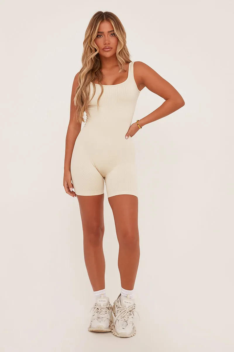 Beige Rib Knit Seamless Unitard - Bleona