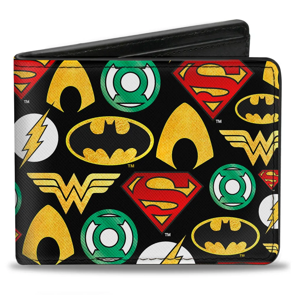 Bi-Fold Wallet - Justice League 6-Superhero Logos Collage Black