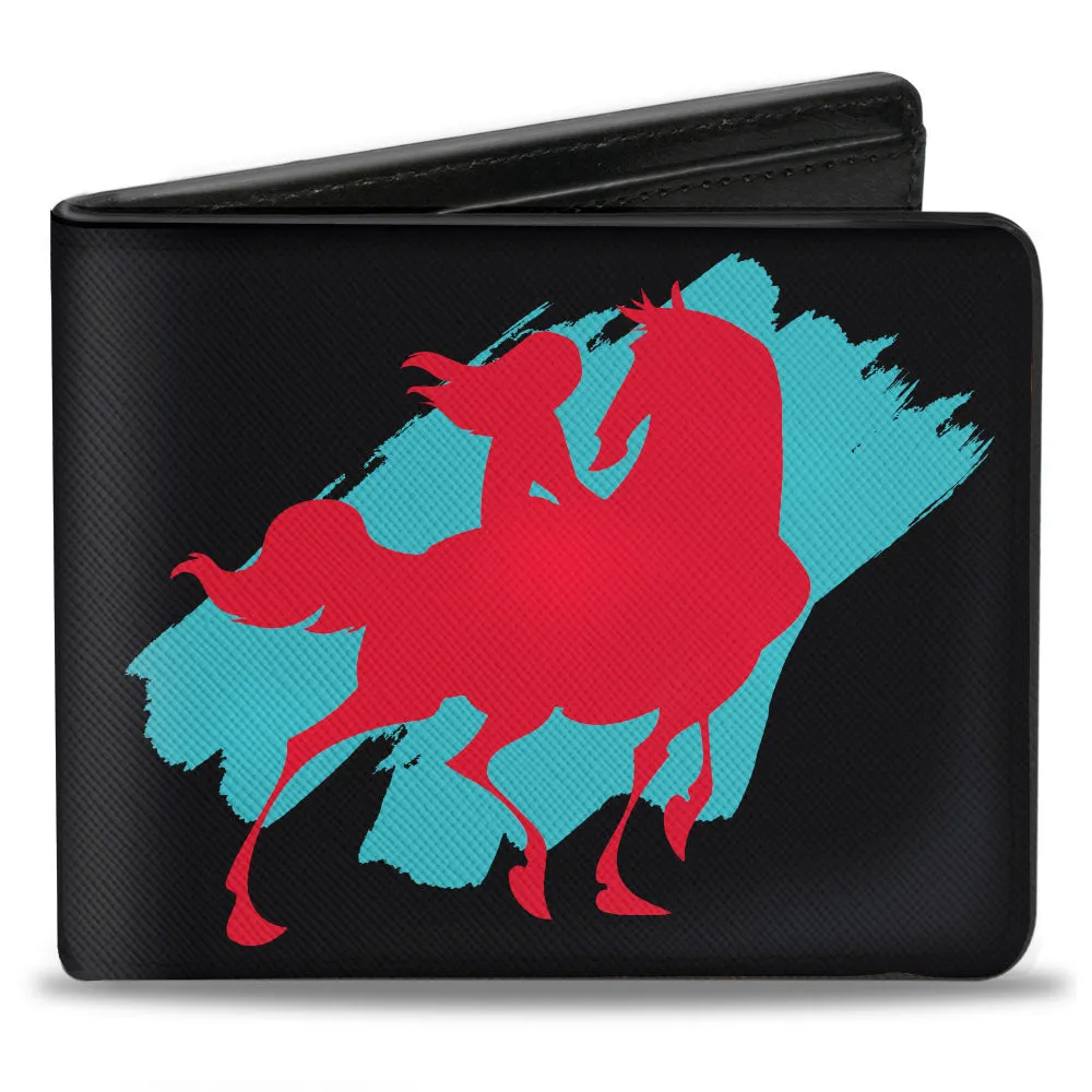 Bi-Fold Wallet - Mulan Sitting on Horse Pose Silhouette   Logo Black Turquoise Red