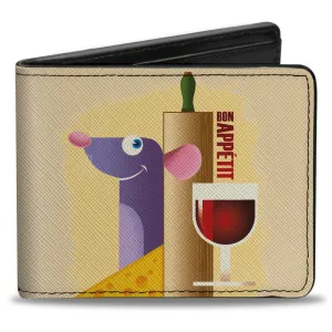 Bi-Fold Wallet - Ratatouille Remy BON APPETIT Hiding Pose   Text Logo Beige Reds