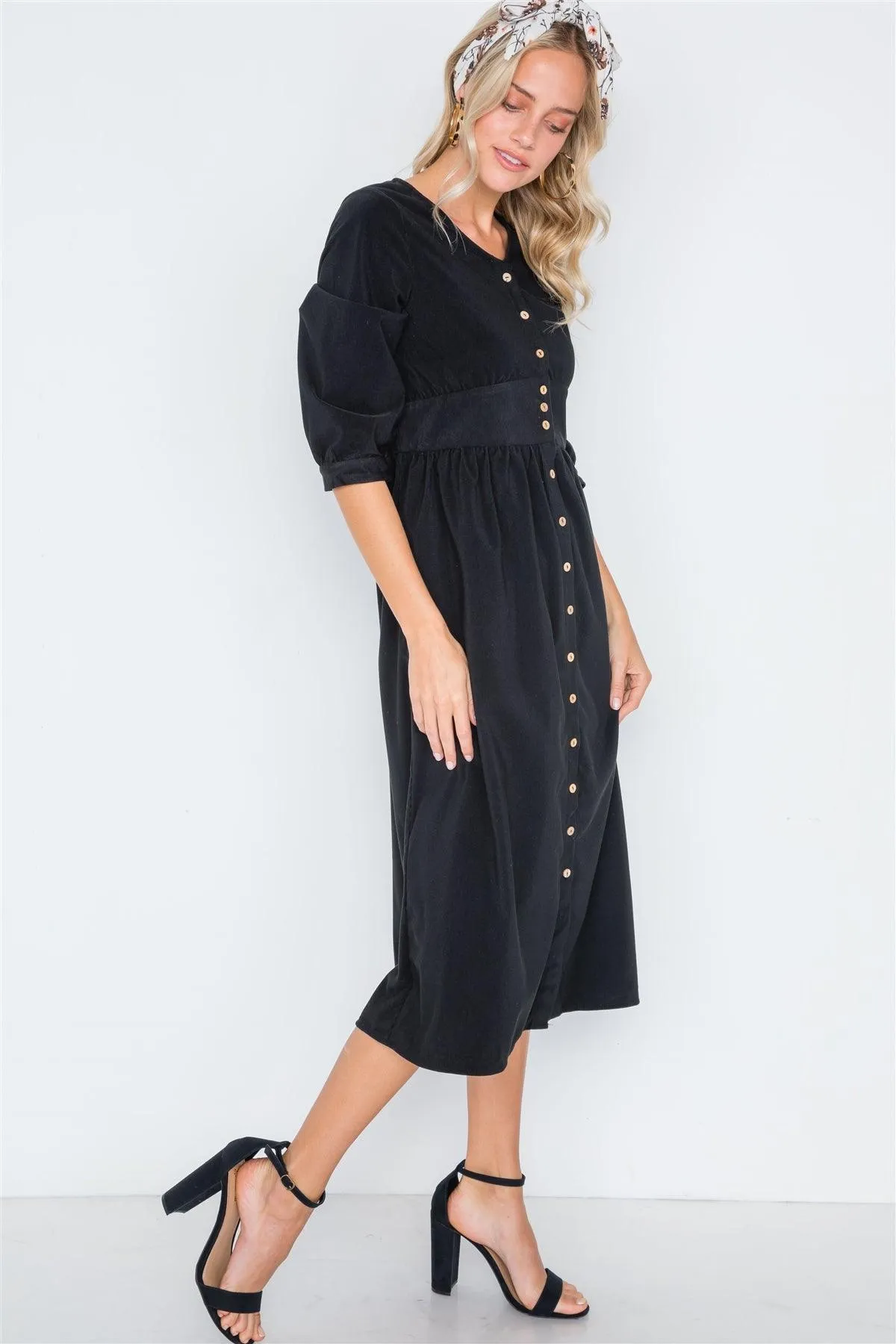 Black Corduroy 3/4 Sleeve Button Down Midi Dress /2-2-2