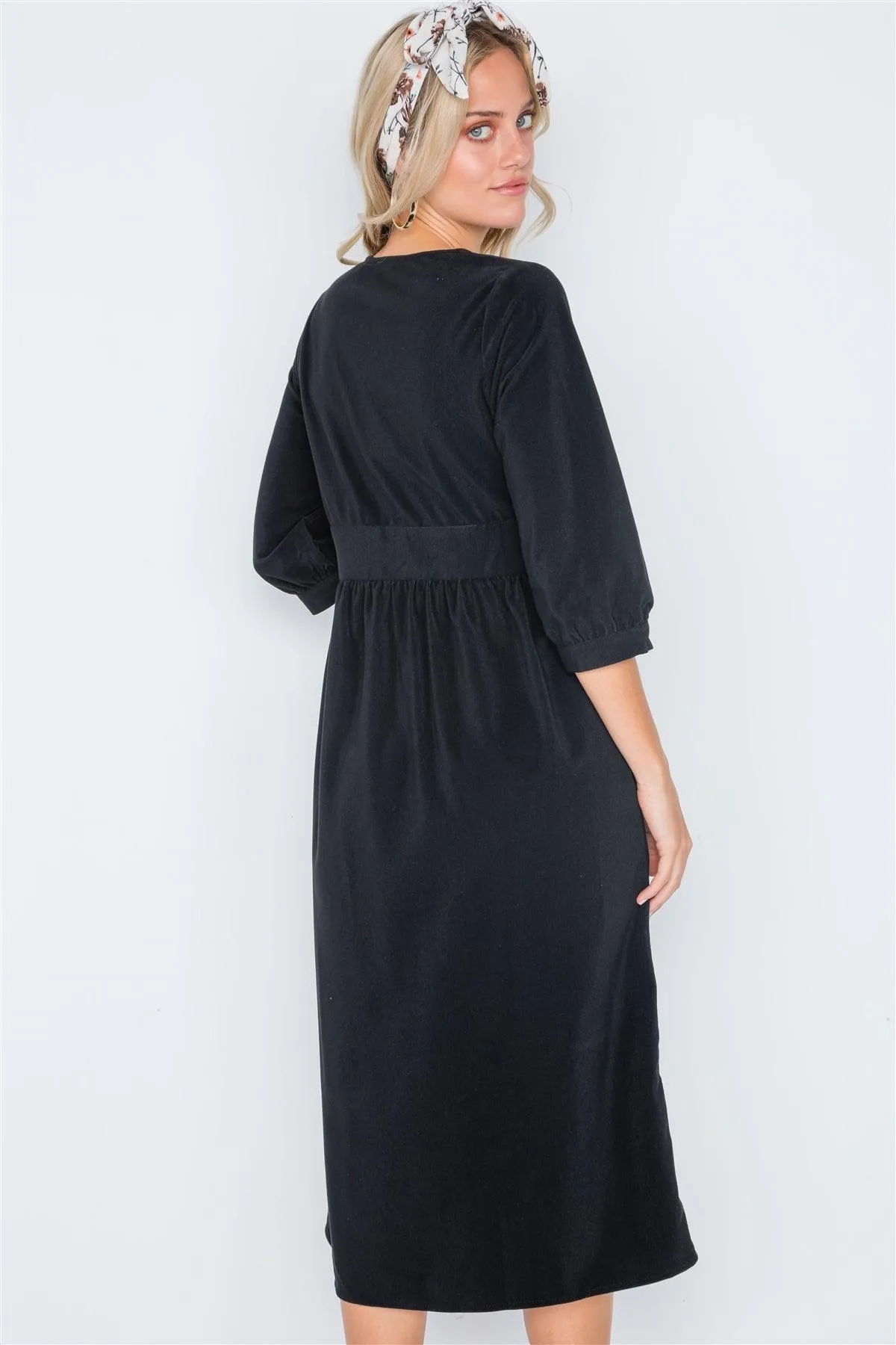 Black Corduroy 3/4 Sleeve Button Down Midi Dress /2-2-2