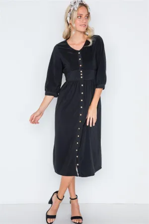 Black Corduroy 3/4 Sleeve Button Down Midi Dress /2-2-2