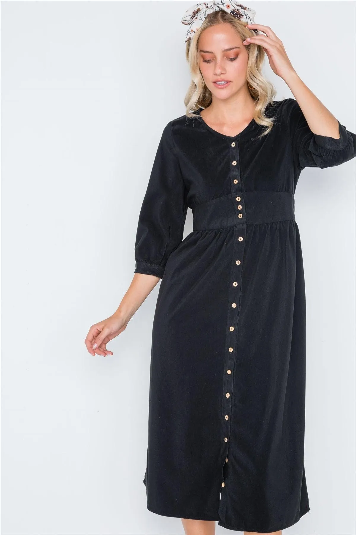 Black Corduroy 3/4 Sleeve Button Down Midi Dress /2-2-2