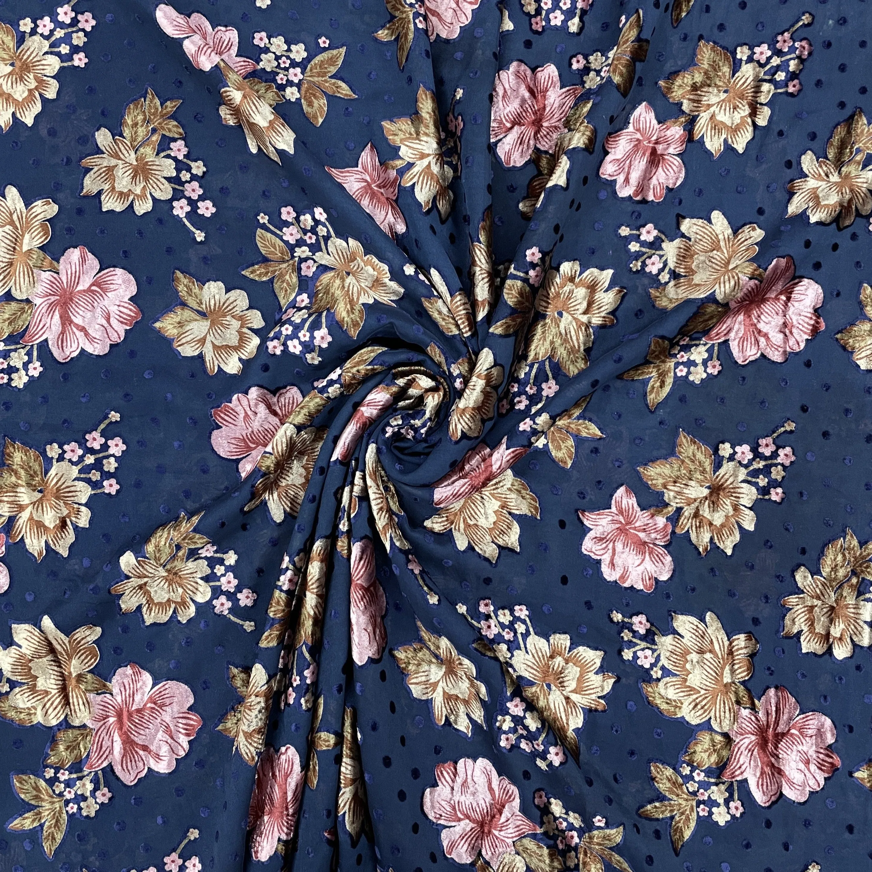 Blue Multicolor Floral Print Brasso Velvet Fabric