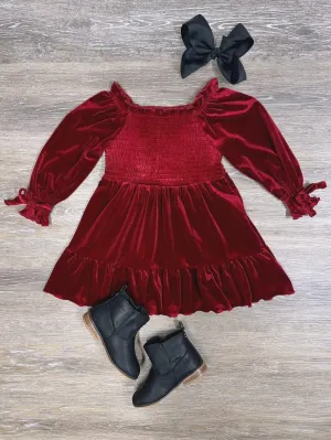 Burgundy Puff Sleeve Smocked Girls Velvet Dress