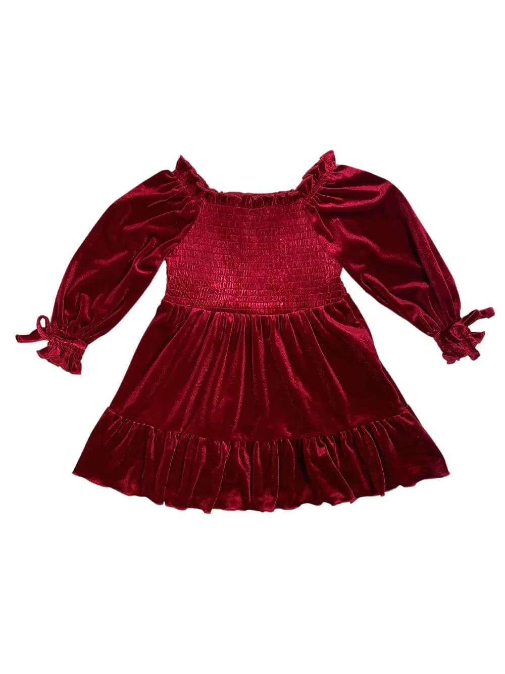 Burgundy Puff Sleeve Smocked Girls Velvet Dress