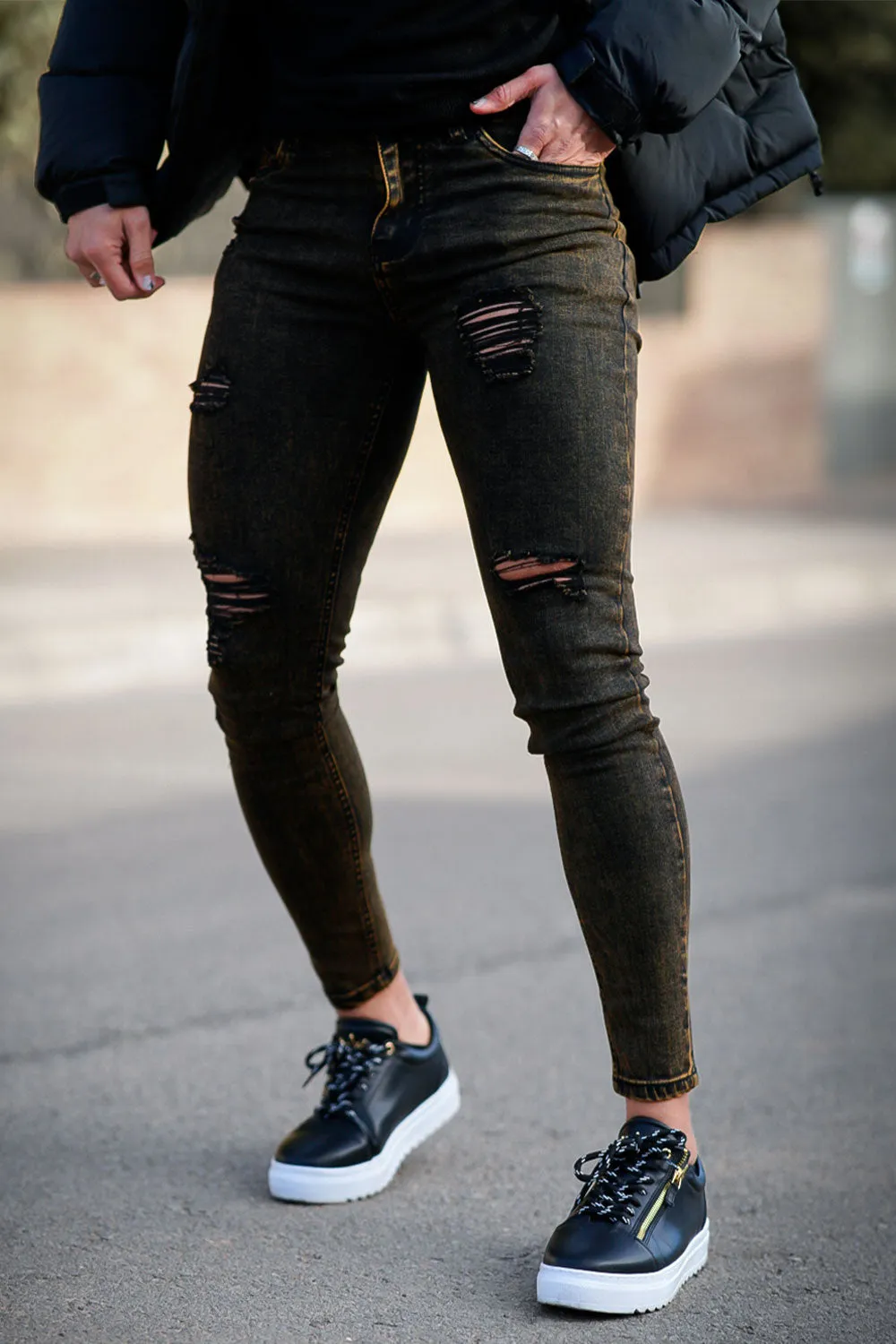 Buy $80 Free Shipping Men's Black Ripped Skinny Jean With Gold