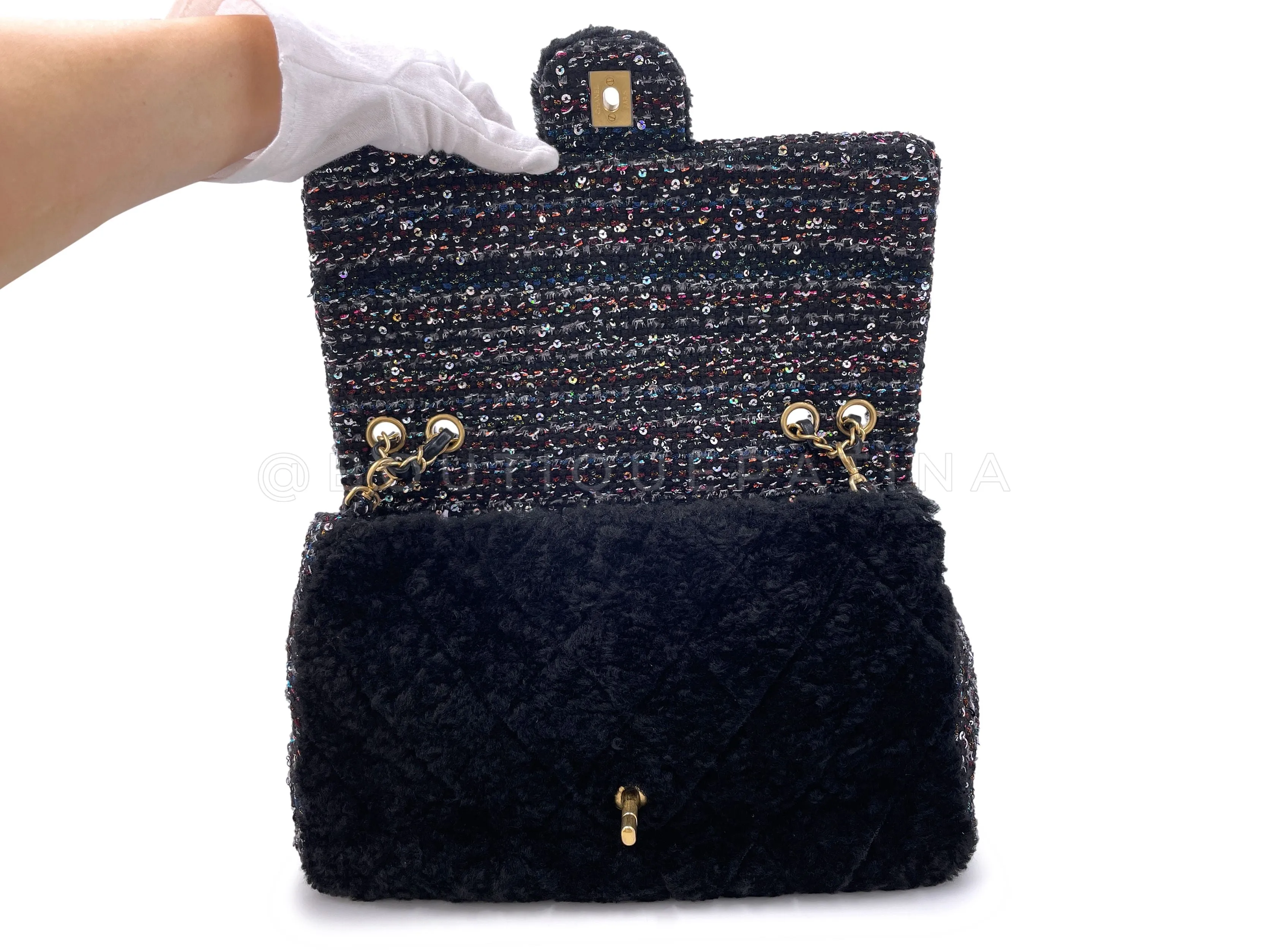 Chanel 2020 Shearling Fantasy Tweed Jumbo Classic Flap Bag GHW