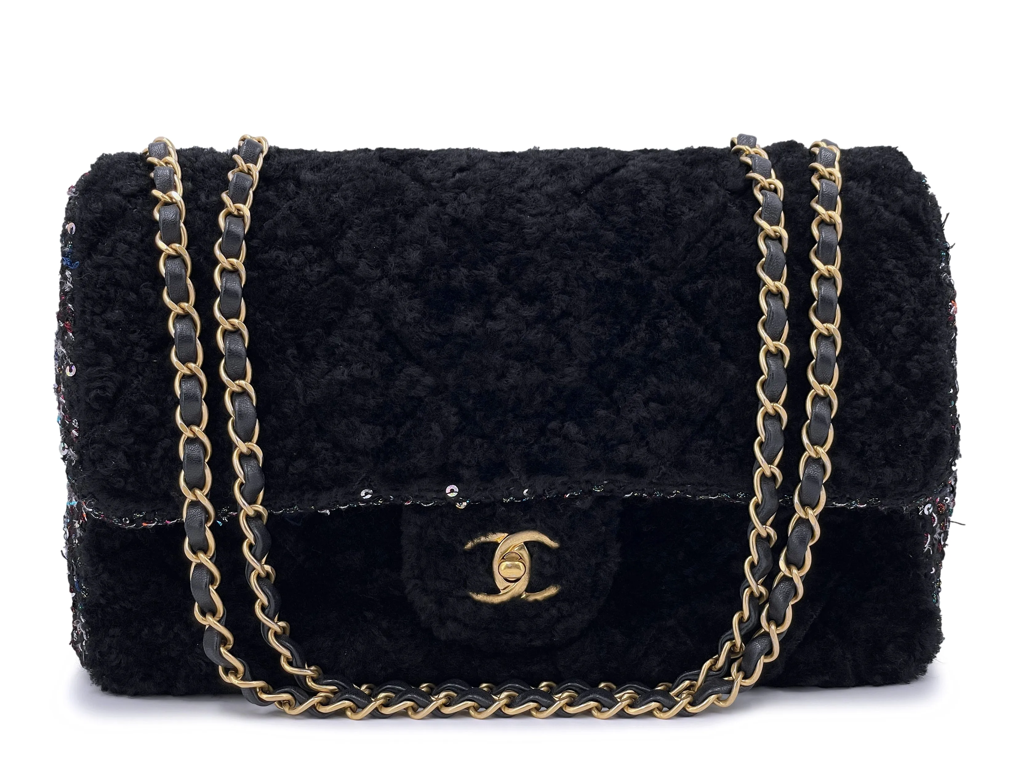 Chanel 2020 Shearling Fantasy Tweed Jumbo Classic Flap Bag GHW