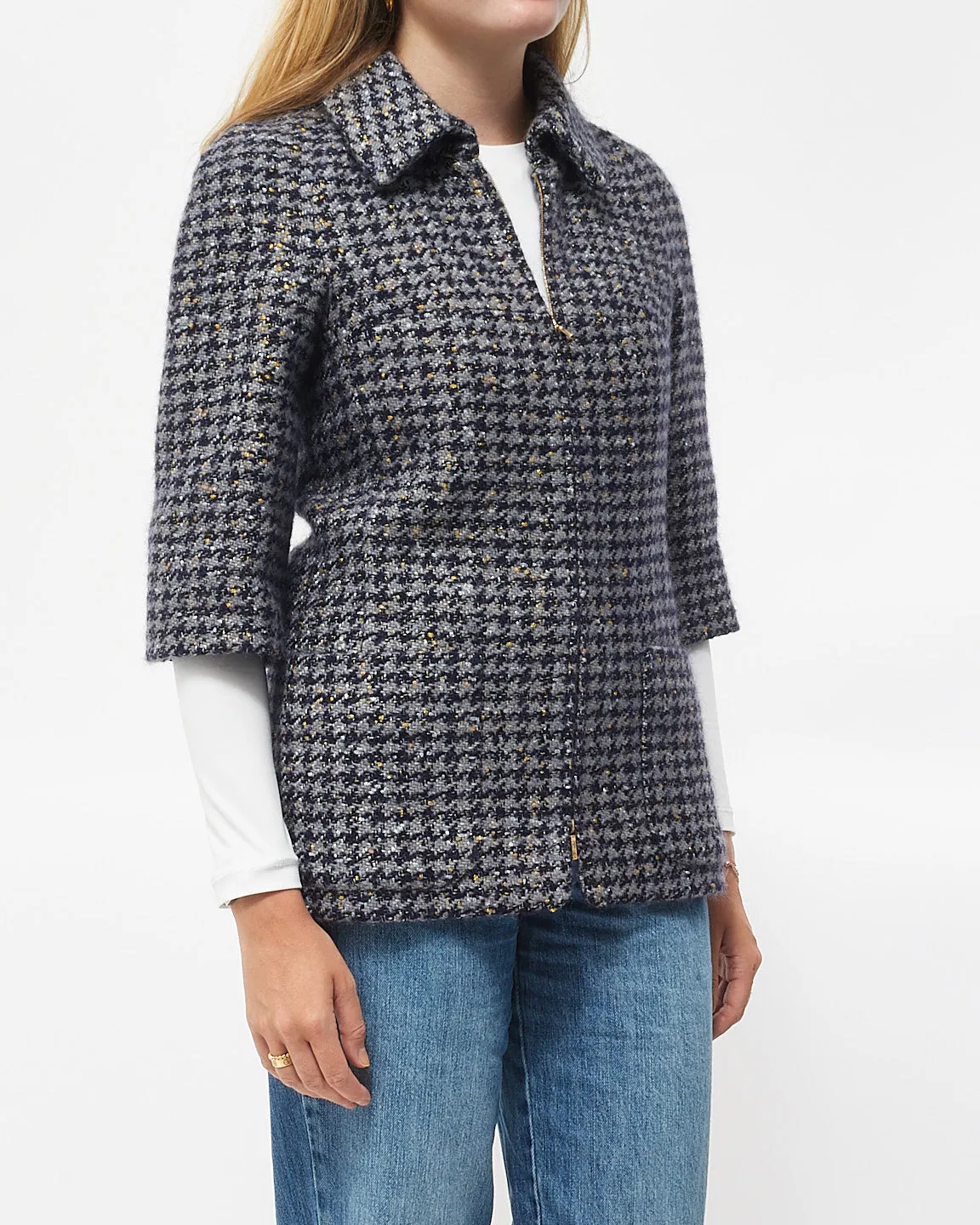 Chanel 3/4 Sleeve Navy/Grey/Gold Tweed Jacket - 36