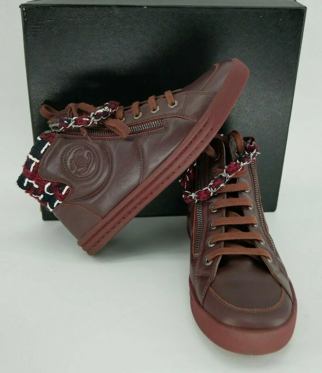 Chanel Burgundy Leather CC Logo High Top Sneaker Chain Zip Tweed SZ 37/7