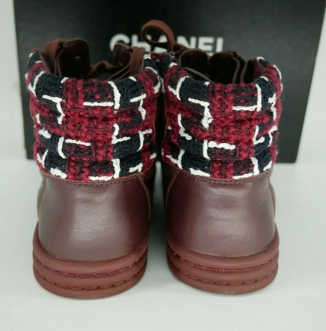 Chanel Burgundy Leather CC Logo High Top Sneaker Chain Zip Tweed SZ 37/7