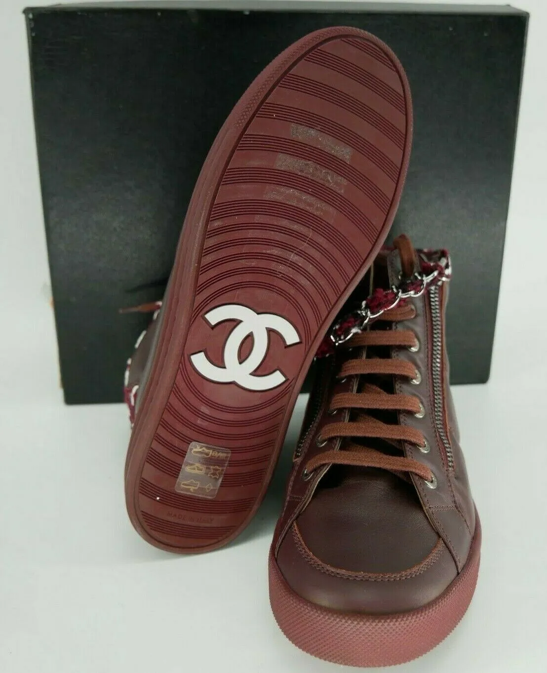 Chanel Burgundy Leather CC Logo High Top Sneaker Chain Zip Tweed SZ 37/7