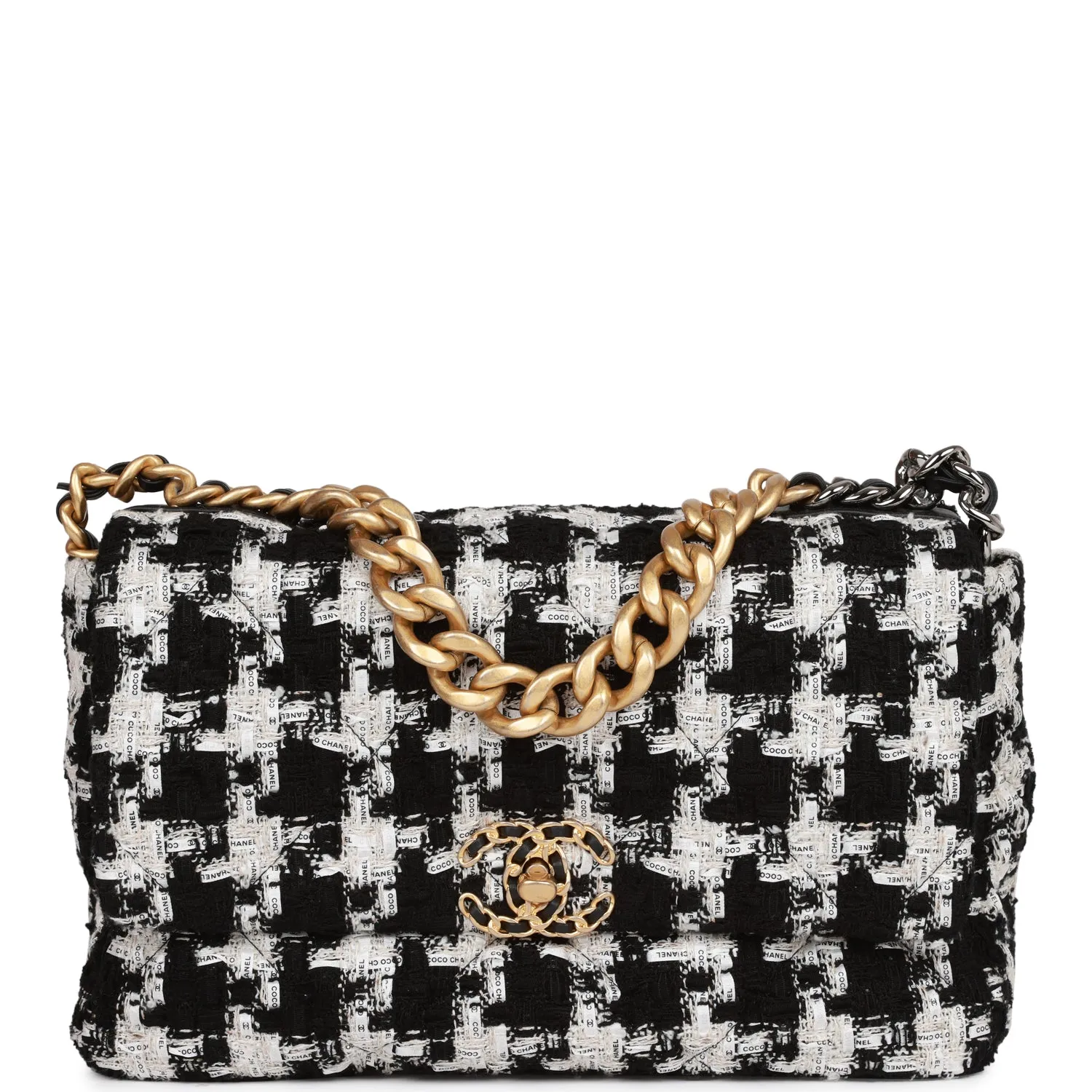 Chanel Large 19 Flap Bag Black and White Tweed Mixed Hardware