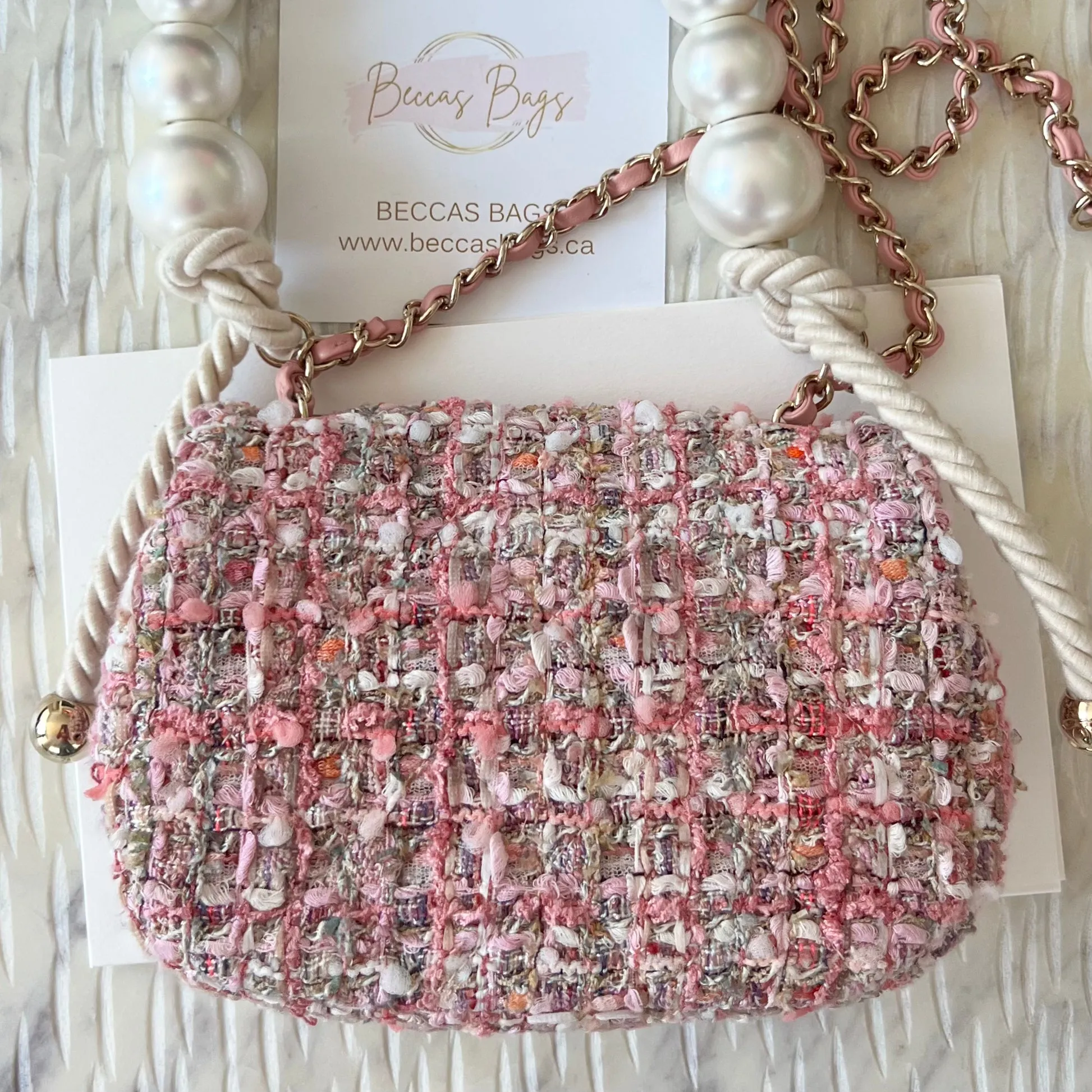 Chanel Mini Pearl Handle Flap Bag in Pink Tweed