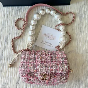 Chanel Mini Pearl Handle Flap Bag in Pink Tweed