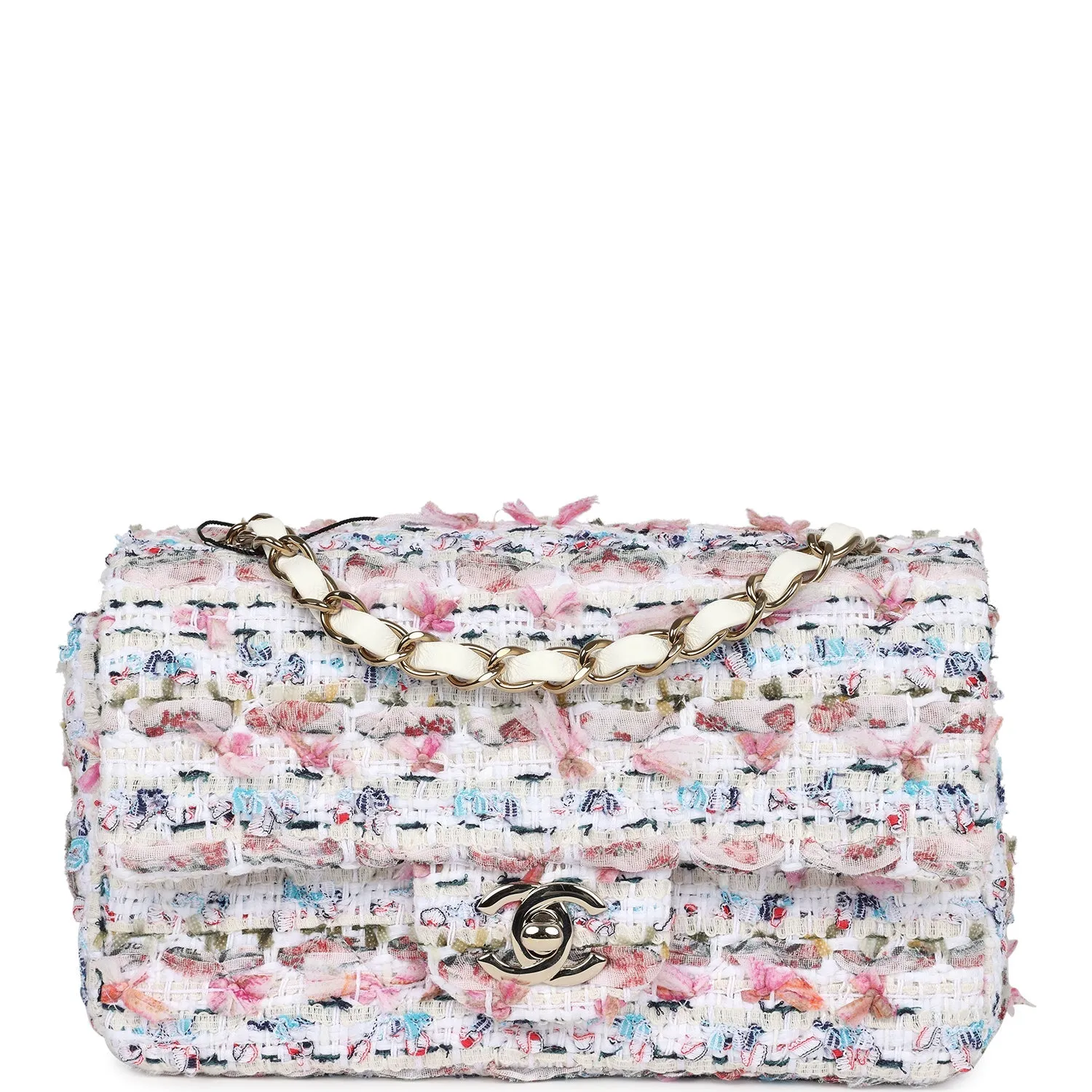 Chanel Mini Rectangular Flap Bag White Multicolored Tweed Light Gold Hardware