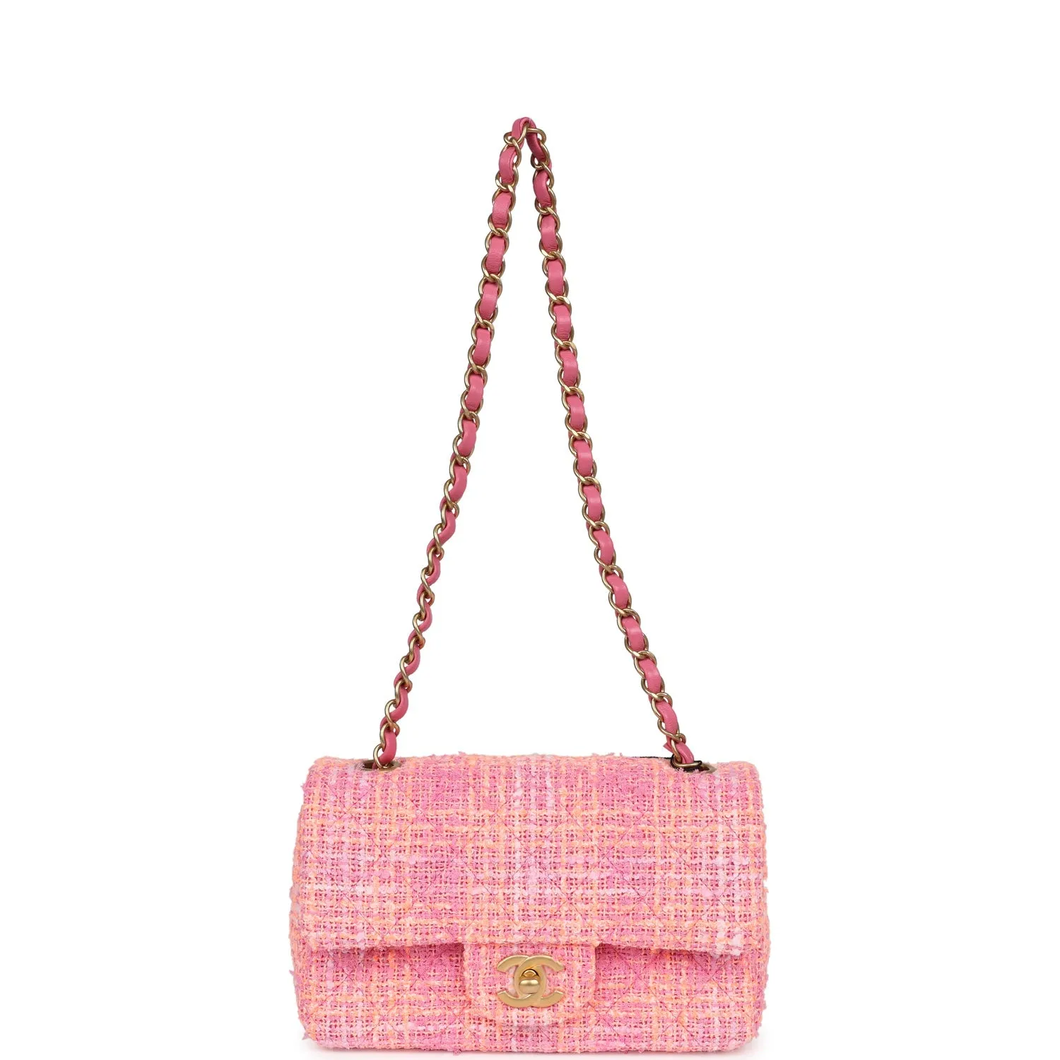 Chanel Mini Rectangular Flap Orange and Pink Tweed Gold Hardware