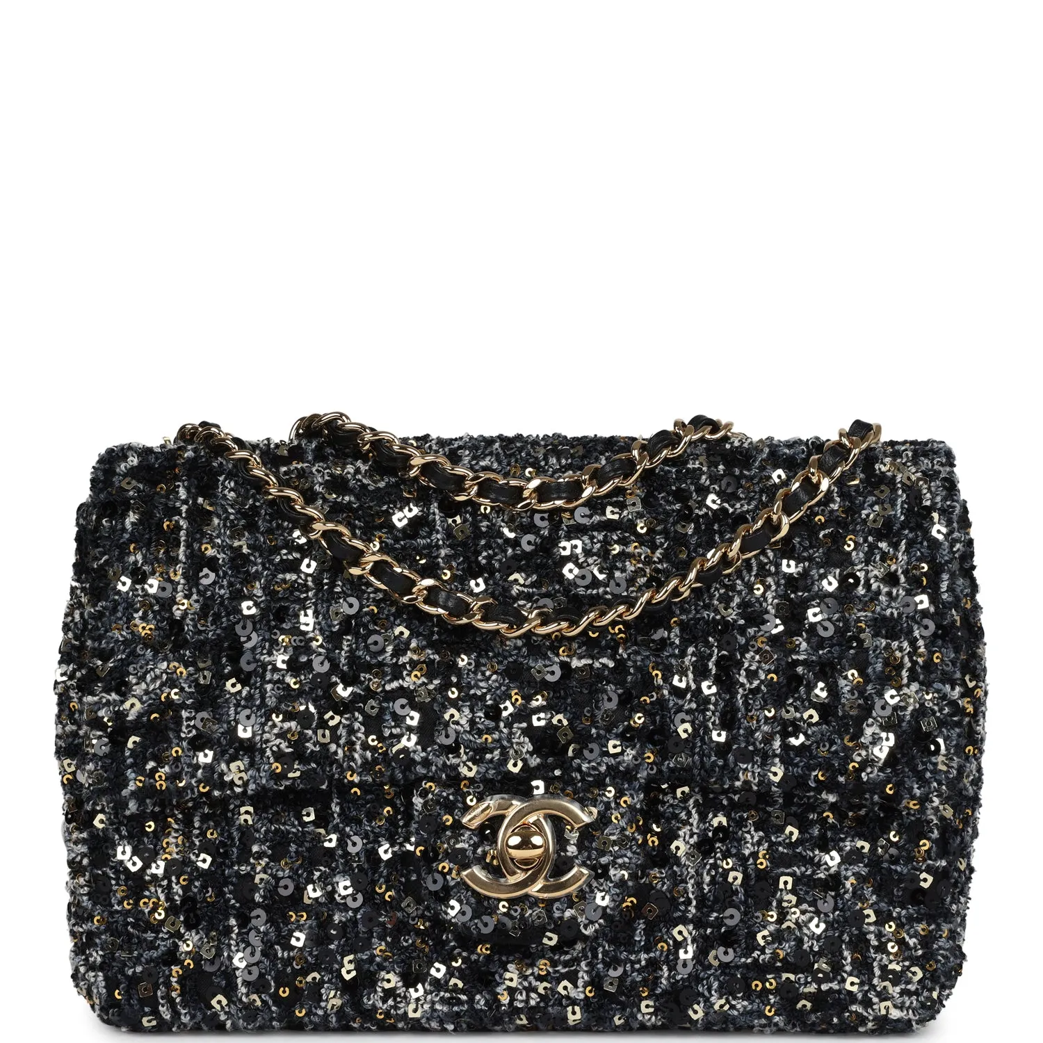 Chanel Mini Single Flap Bag Black, Blue and Gold Sequin & Tweed Gold Hardware