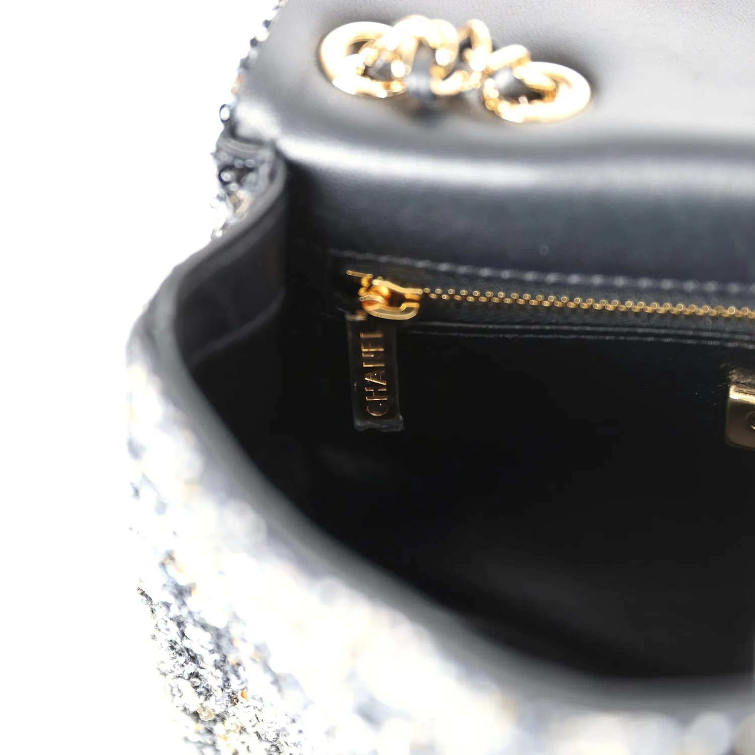 Chanel Mini Single Flap Bag Black, Blue and Gold Sequin & Tweed Gold Hardware