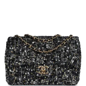 Chanel Mini Single Flap Bag Black, Blue and Gold Sequin & Tweed Gold Hardware