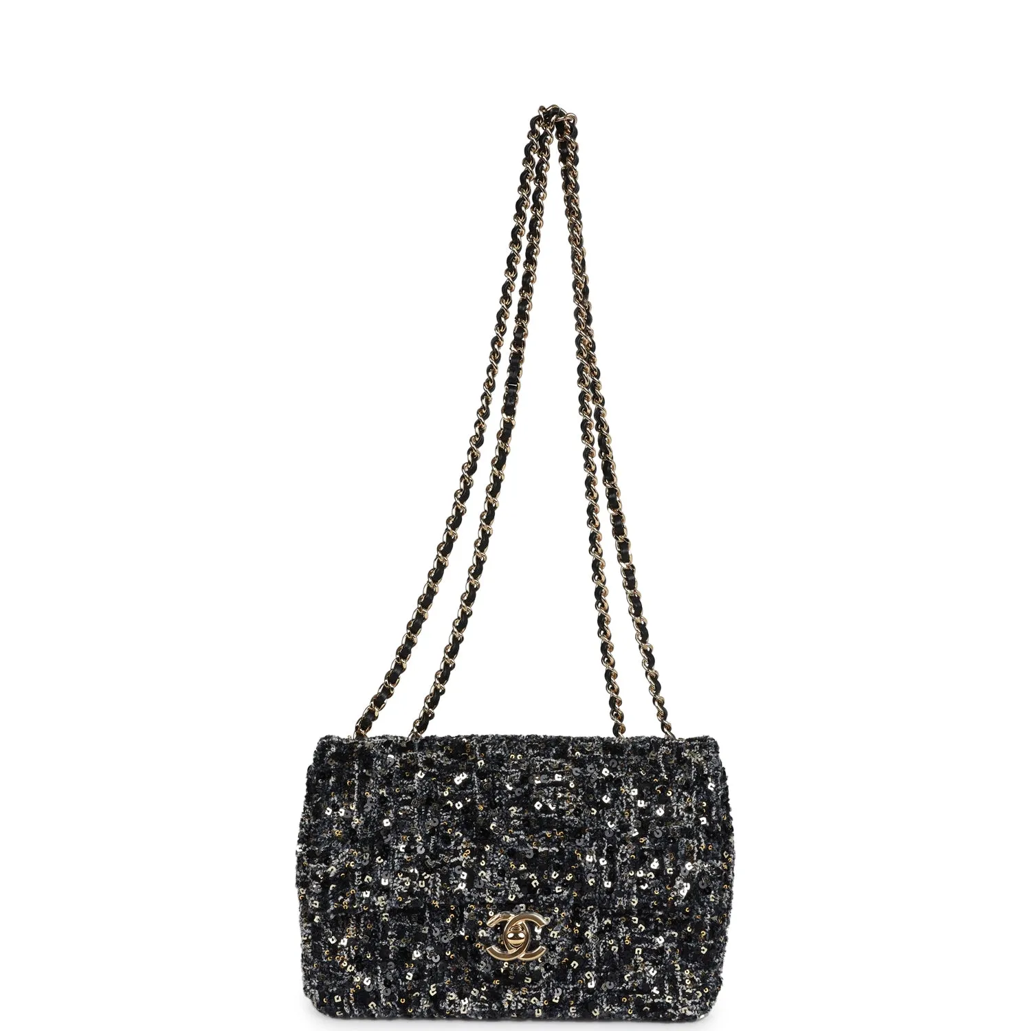 Chanel Mini Single Flap Bag Black, Blue and Gold Sequin & Tweed Gold Hardware