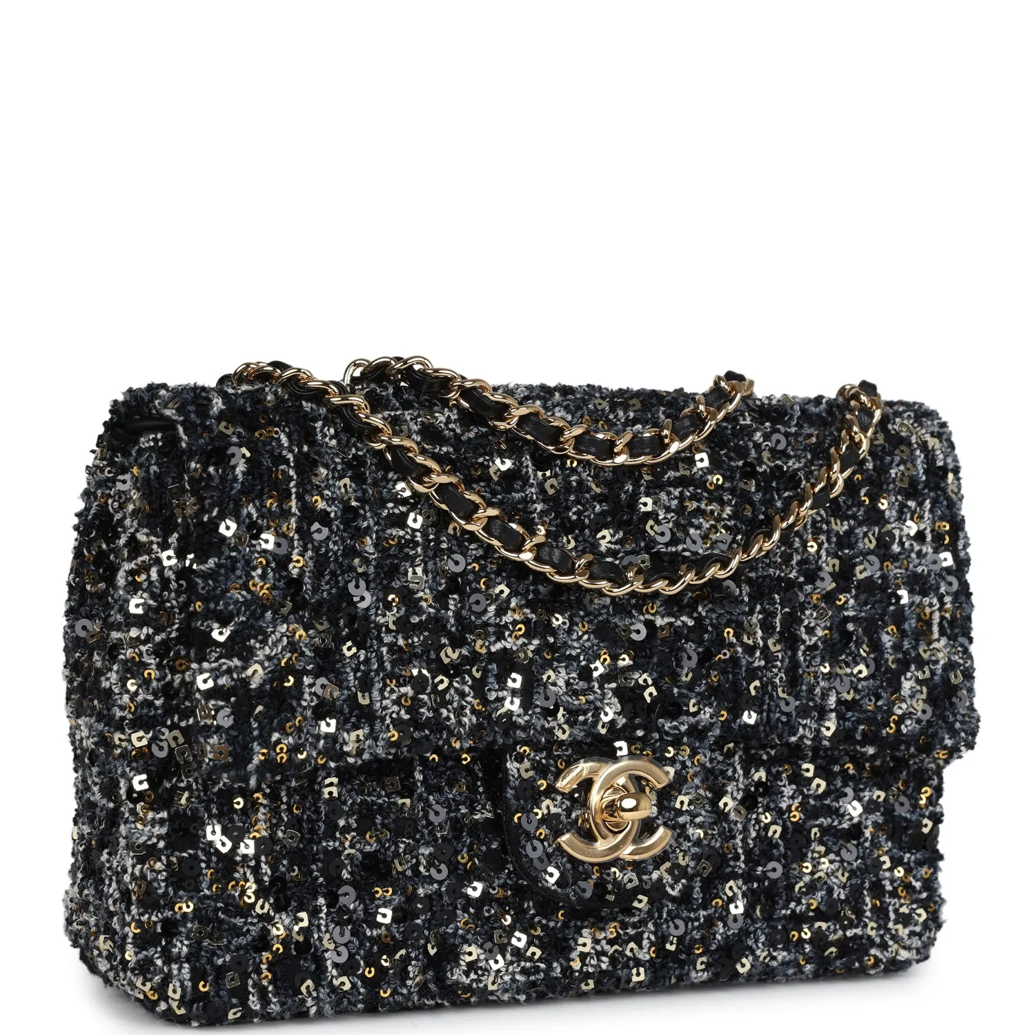 Chanel Mini Single Flap Bag Black, Blue and Gold Sequin & Tweed Gold Hardware