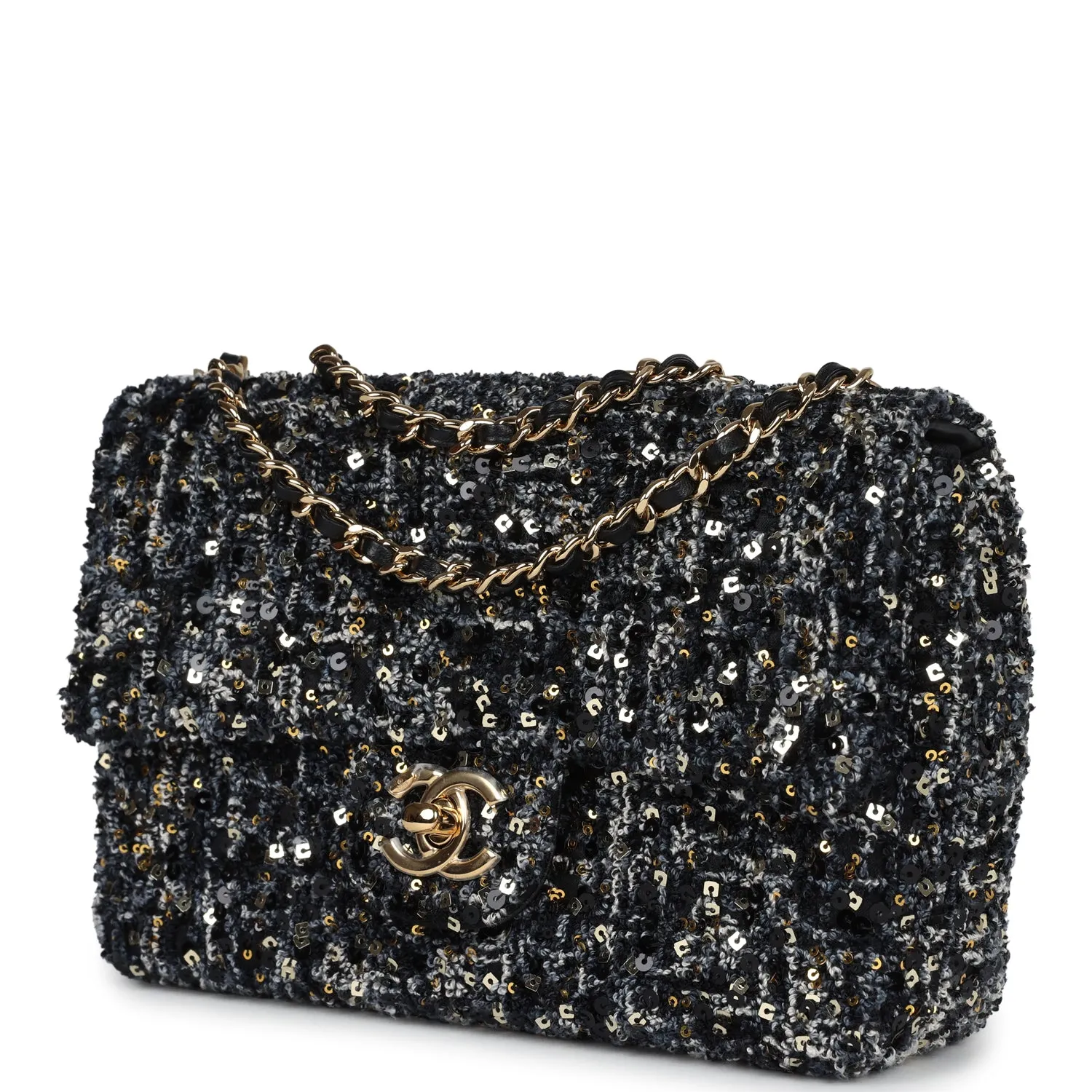 Chanel Mini Single Flap Bag Black, Blue and Gold Sequin & Tweed Gold Hardware