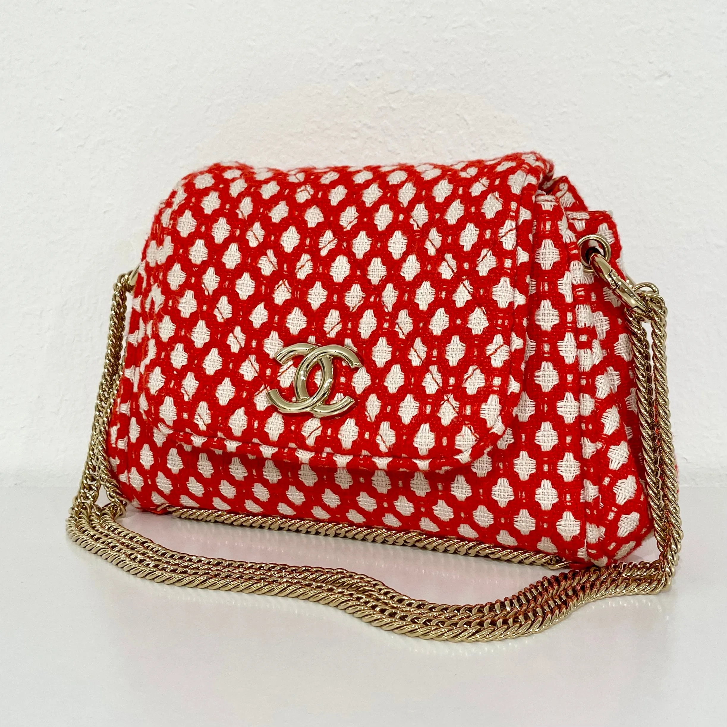 Chanel Red and White Tweed Bag