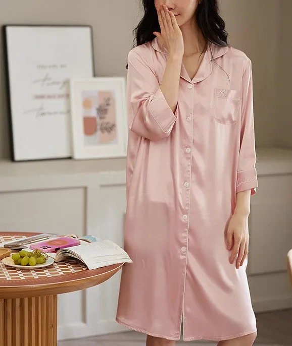 Classic 3/4 Sleeves Comfy Silk Pajama Dress #7823001