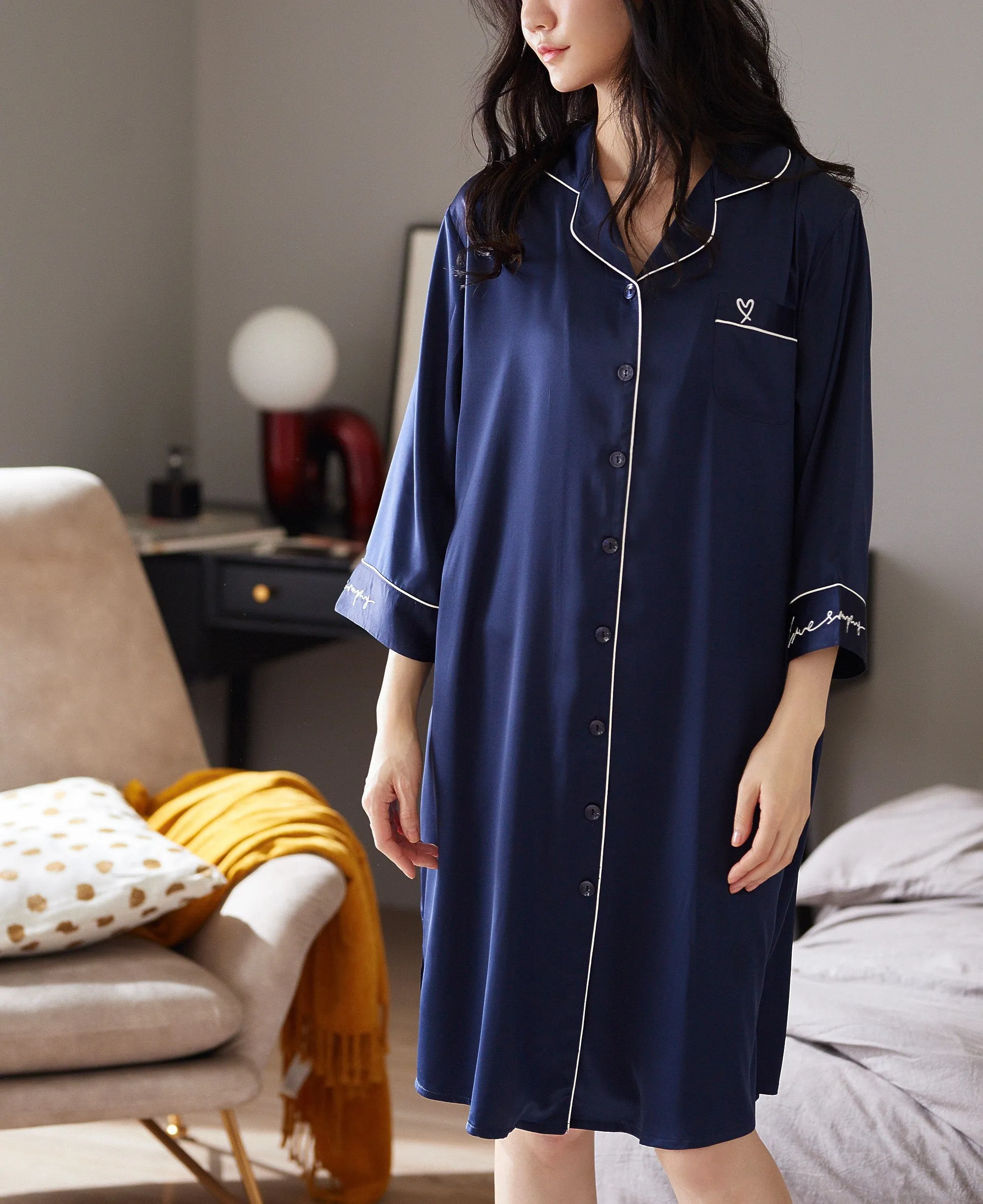 Classic 3/4 Sleeves Comfy Silk Pajama Dress #7823001