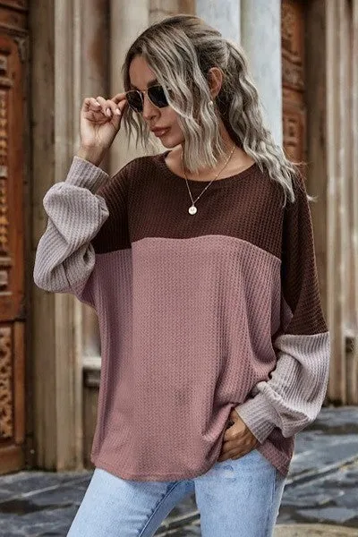 Color Block Waffle Knit Balloon Sleeve Top