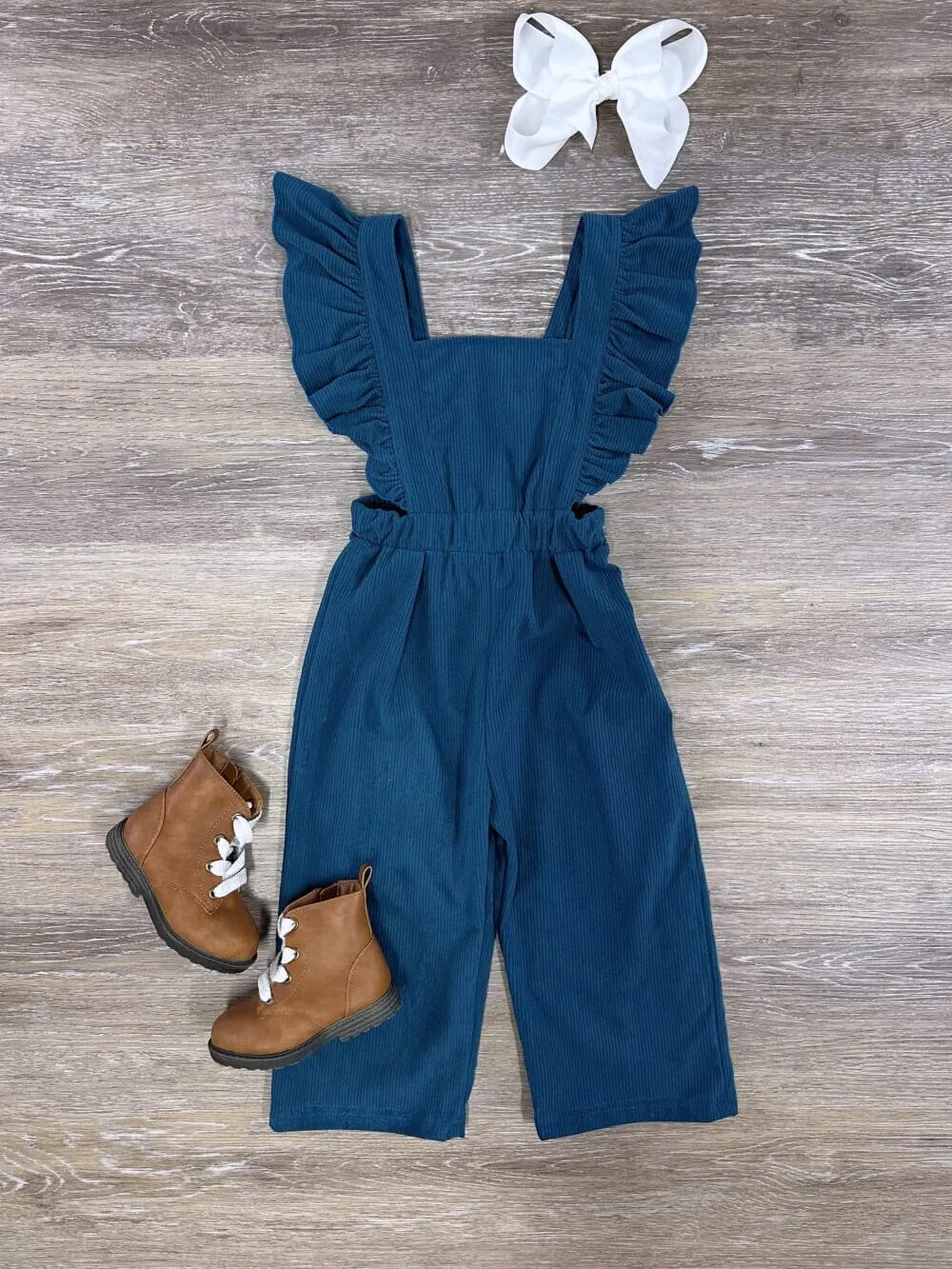 Emerald Corduroy Ruffle Girls Jumpsuit